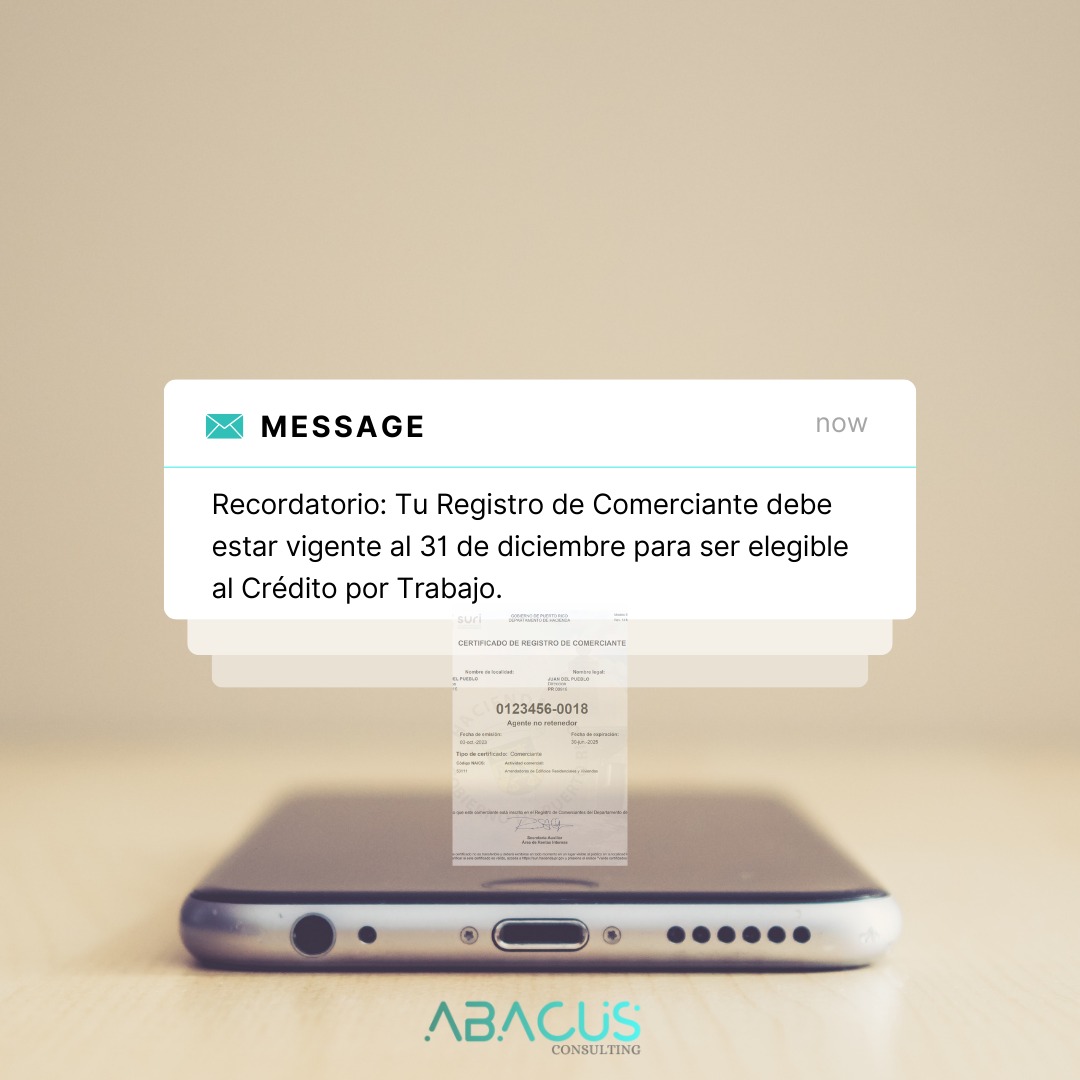 📢 ¡Atención trabajadores por cuenta propia!
No dejes este detalle para última hora. Valida, actualiza o renueva tu registro y evita perder este beneficio.
📝 ¿Tienes dudas? ¡Te orientamos!
#CréditoPorTrabajo #RegistroDeComerciante #PlanillasPR #AbacusConsulting #ContabilidadPR #planillaspuertorico #puertoricotaxes