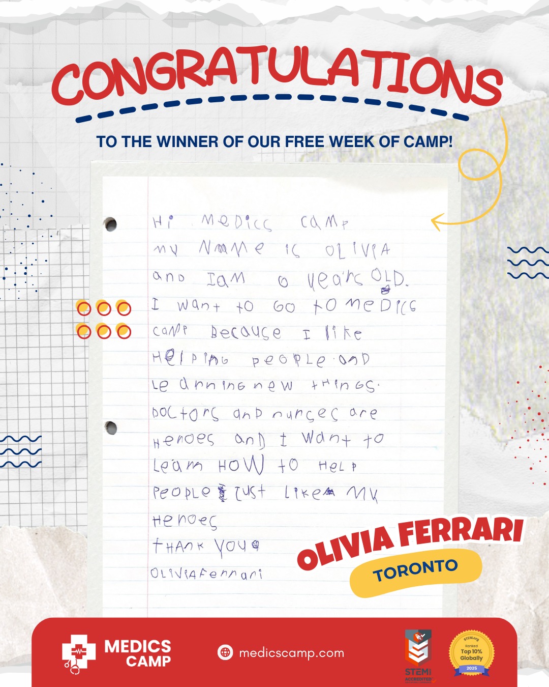 What a great start to our year! 💌✨
Olivia Ferrari, age 6, sent in this note for our free week of camp giveaway, and it just melted our hearts. Seeing that spark of excitement in someone as young as Olivia is exactly why we do what we do.
We can’t wait to have you join us this summer at Medics Camp, Olivia! 🩺
Many parents ask if age six is too early, but we believe it’s the perfect age. Early STEM experiences help ignite curiosity, nurture confidence, and empower kids to imagine big futures as doctors, nurses, therapists, and healthcare heroes through hands-on, fun, and creative learning. 👩⚕️👨⚕️
Ready to start your child’s journey into medical science? Registration for our 2026 season is ongoing!
Secure your spot now to take advantage of our Early Bird rates. 🙌
🔗 Link in bio to register!
#TorontoCamps #GTACAMPS #VancouverCamps #RichmondHillCamps #MarkhamCamps #VaughanCamps #HandsOnScience #MedicalScienceForKids #SummerCamps #summercampforkids