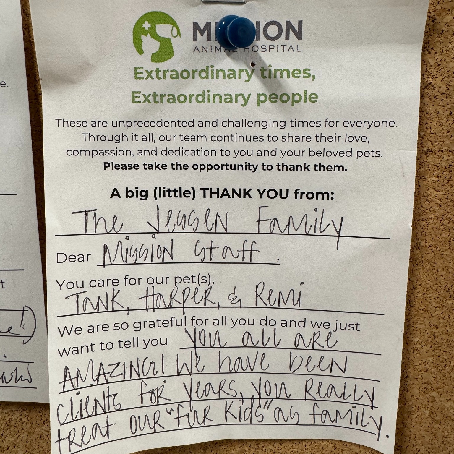 Every once in a while, a note comes along that stops us in our tracks — in the best way.
Messages like this remind our entire team why we do what we do. When families tell us that we treat their pets like family — just as the Jessen family shared — it means everything. That trust, that bond, that shared love for their furry family members is at the heart of our mission.
At Mission Animal Hospital, our goal has always been simple: make quality veterinary care accessible to every family who needs it. And when clients take the time to share their gratitude, it truly makes our day. Notes like this affirm that compassionate, accessible care matters — and that our team’s dedication is felt.
To everyone who writes a kind word, shares a story, or tells our staff how much they’re appreciated: thank you. Your support fuels our mission and lifts the hearts of the people who care for your pets every single day.
#missionanimalhospital