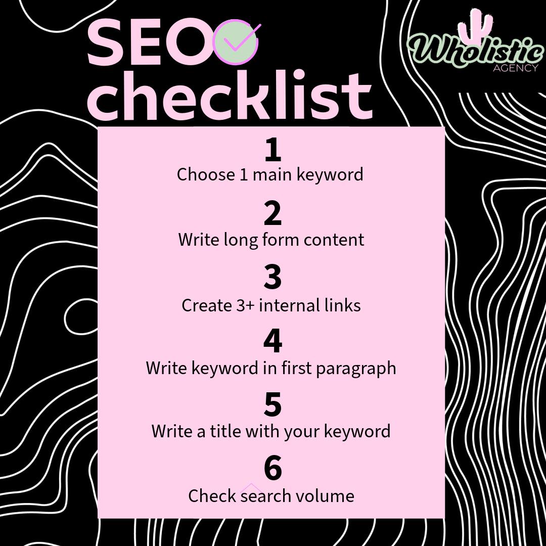Start the New Year off with some SEO updates and get found online organically. A good SEO strategy is essential to being found online on a ongoing basis without having to pay for those clicks.
Here's a few tips to get started. Start small with just one keyword and take it from there!
Interested in working with us? We offer free consultations. Visit www.wholisticagency.com to book yours today.