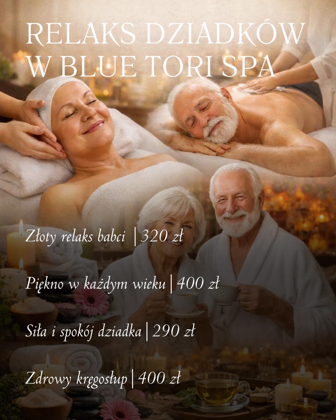 Poznajecie nasze Zabiegi na dzień babci i dziadka 🫶🏻
💜Złoty relaks babci
Łagodny masaż ciała
Odżywcza maska na twarz i masaż twarzy
Herbata ziołowa po zabiegu
320 zł
💜Piękno w każdym wieku
Peeling ciała
Nawilżający rytuał na ciało (maska i masaż)
Masaż głowy i twarzy
Herbata ziołowa po zabiegu
400 zł
💜Siła i spokój dziadka
Masaż relaksacyjny
Kąpiel borowinowa
Masaż stóp
Herbata ziołowa po zabiegu
290 zł
💜Zdrowy kręgosłup
Masaż leczniczy
Wrap borowinowy
Herbata ziołowa po zabiegu
400 zł
Zapraszamy do zarezerwowania terminu wizyty 🖤