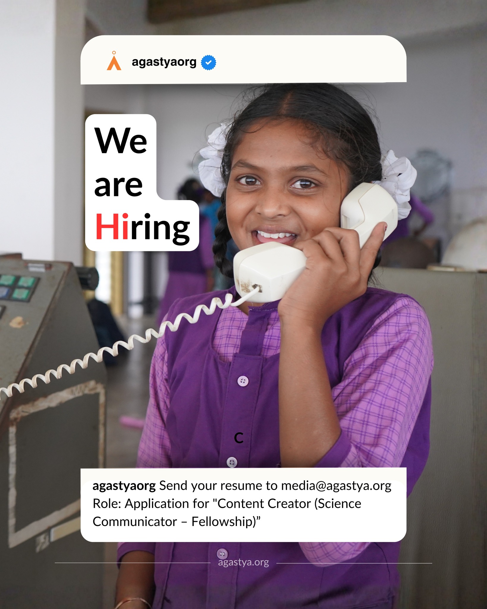 We're hiring a "Content Creator (Science Communicator – Fellowship)”
If turning STEM+ ideas into fun, scroll-stopping stories feels natural to you, this role is worth a look. From reels and short explainers to longer videos, you'll play with formats, experiment with visuals, and bring big ideas down to earth in a way that makes people pause, watch, and wonder.
You'll research, script, shoot, edit, and sometimes travel because the best stories don't sit still. In return, you get creative freedom, the right tools, and a team that trusts your ideas and lets you try new things.
Sounds like your vibe? Drop your resume and portfolio at media@agastya.org