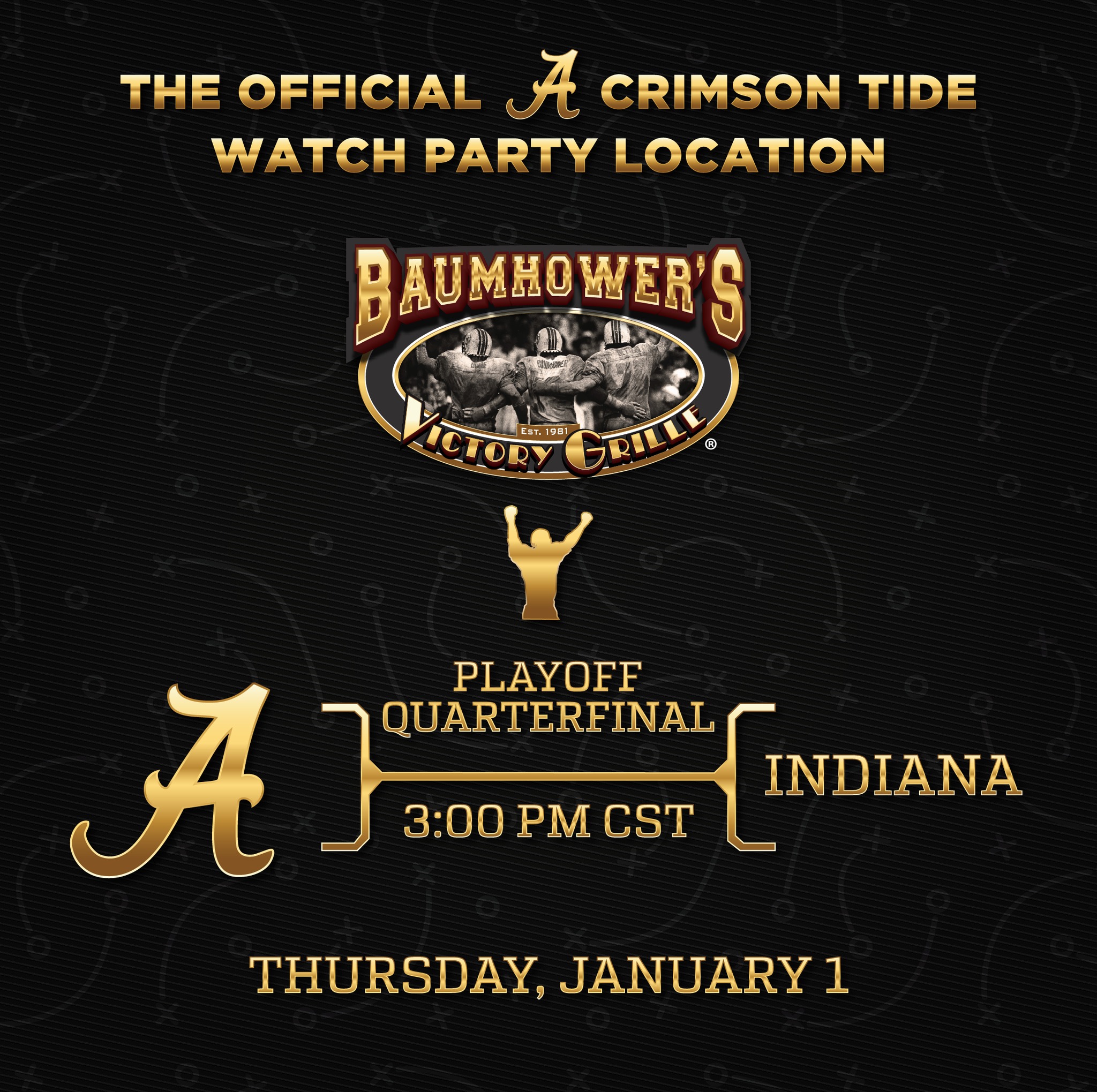 🚨🏈 OFFICIAL PLAYOFF WATCH PARTY 🐘🔥
Let’s pack the house and watch the Crimson Tide take on Indiana at your local Baumhower’s! The Official Watch Party Location of Alabama Athletics.
🕖 Thursday, Jan. 1st | 3 PM CST
@ua_athletics @ua_ctsn