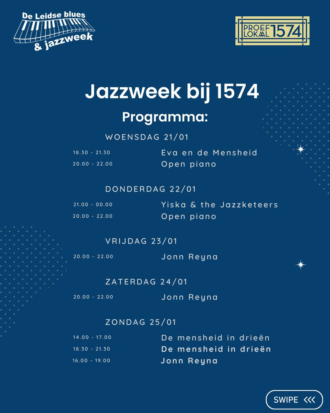 Jazzweek komt eraan bij Proeflokaal 1574 🎶
Binnenkort staat onze wijnhuiskamer volledig in het teken van jazz: live bands, open piano, Jazz & Diner en natuurlijk wijn die perfect past bij de sfeer. Van intieme pianomomenten tot swingende Jazz & Wine-avonden, je kiest zelf hoe je geniet.
Reserveer je plek voor diner of loop spontaan binnen voor een glas en live jazz. Dit wil je niet missen. 🍷