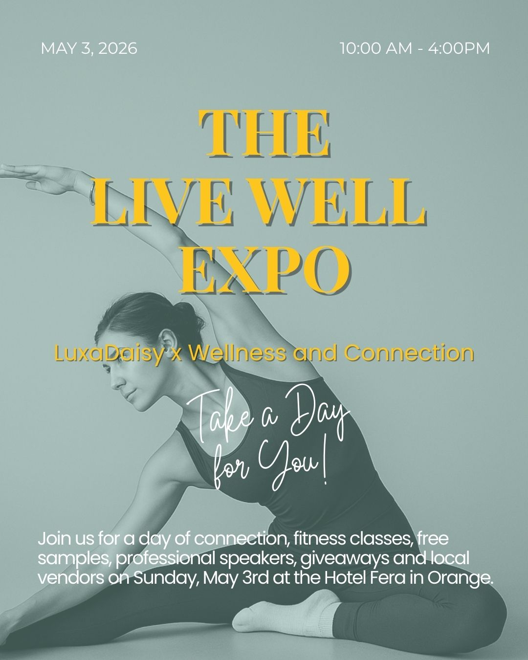 THE LuxaDaisy LIVE WELL EXPO 🌼
Take a day for you.
Save the date: Sunday, May 3, 2026
📍 Hotel Fera | Orange County, CA
Join us for a feel-good day of wellness + connection, featuring:
✨ Fitness classes
🎤 Inspiring speakers
🎁 Giveaways
🛍️ Curated local vendors
🧴 Free samples + self-care finds
🤍 Community, encouragement, and new friendships
Whether you come solo or bring a friend, you’ll leave feeling refreshed, supported, and inspired.
👉 Tickets and details: link in bio
✅ Save this post so you don’t forget
💛 Tag a friend who needs a day out
Interested in being a vendor or sponsor? Send us a DM.
#LuxaDaisy #LiveWellExpo #OrangeCountyEvents #WellnessEvent #WomenLedBusinesses #ShopLocalOC #SelfCareDay #CommunityConnection #WellnessCommunity #HotelFera #SupportLocalBrands #OCWellness