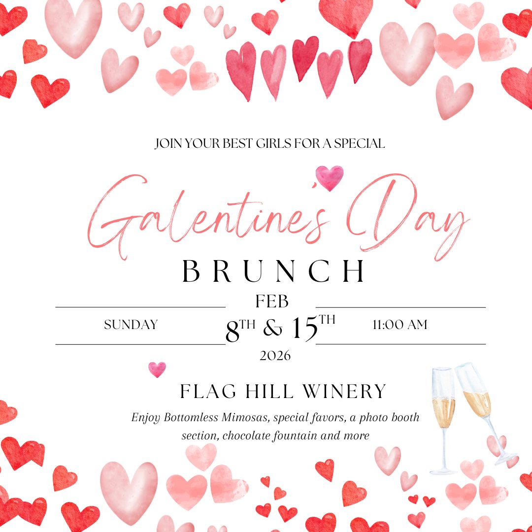 We are Excited to announce the dates for our Special Galentine's Day Brunches on February 8th & February 15th 2026 at 11am. Join you and your best girlfriends for a special mid-morning bottomless mimosa brunch complete with a chocolate fountain, photo booth and fun favors. Tickets are $60 per guest. This is a VERY LIMITED seating event. For Tickets and Information on Galentines Brunches please visit:
https://GalentinesFeb8th.eventbrite.com - For February 8th &
https://GalentinesFeb15th.eventbrite.com - For February 15th Tickets
To Gain Early Access for all of our Brunches, events, Chef Table Dinners and more be sure to check out our Case Crew Information: https://www.flaghill.com/casecrew