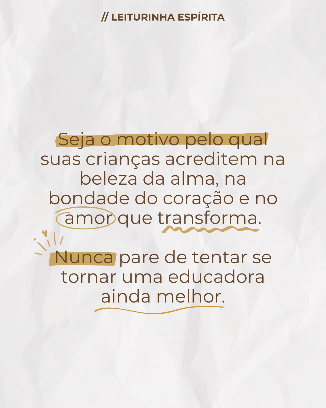 ___Apenas um pequeno lembrete: em um mundo cada vez mais cheio de desafios no rumo da regeneração, que você possa ser a luz ✨ guiando o caminho das suas crianças. Que você deixe a gentileza falar mais alto que o julgamento. Que você ensine à elas sobre compaixão, caridade e esperança em cada ato do seu dia. Cada sorriso, cada abraço e cada momento que você escolhe acolher - e se acolher - mostra que amar ainda vale a pena. 💖
___Nunca subestime o poder de tentar ser melhor a cada dia: seja uma mãe melhor, uma filha melhor, uma esposa melhor, um espírito melhor. Não é sobre buscar a perfeição, mas sim, sobre se engajar na intenção de tentar. 🥰
___Como nos relembra O Evangelho segundo o Espiritismo no capítulo XVII: "Reconhece-se o verdadeiro espírita pela sua transformação moral e pelos esforços que emprega para domar suas inclinações más."
Inspo: @spiritualityspy
