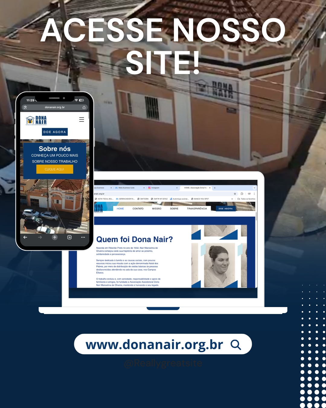 Acesse nosso site e seja um obreiro do bem!
www.donanair.org.br
Clique em nossa bio ou no link abaixo e faça parte do time de apoiadores da Associação Dona Nair, a sua doação pode ajudar muitas pessoas.
A mais de 1 década a Associação Dona Nair vem fazendo a diferença!
https://www.donanair.org/saibamaisdonanair
#donanair #ongdonanair #facaobem #ajudeagora #lar #doacoes #acaosocial #facaadiferenca #associacaodonanair