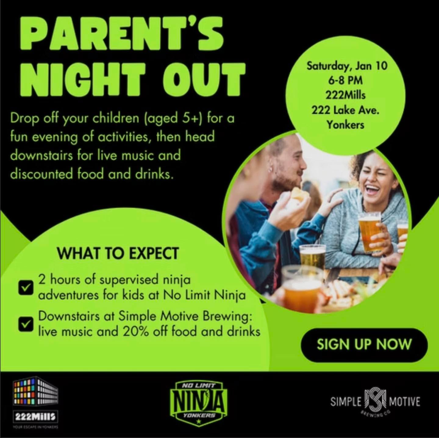 PNO is coming up fast! 🍕 Don't forget to sign up so you don't miss out!💪
Register here➡️ yonkersninja.com/parentsnightout
#ParentsNightOut #DateNight #KidsActivities #ParentsGetaway #ParentsDeserveABreak #FridayNightFun #PNO #FunForKids #NoLimitNinja #YonkersNY #WestchesterNY #NinjaWarrior #NinjaTraining #NinjaGym #ObstacleCourse #WestchesterMoms #YonkersMoms