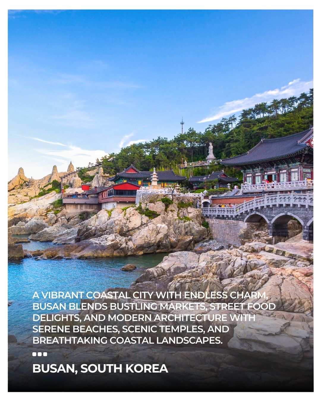 🌊 Destination Inspiration: Busan, South Korea 🌊
A city of contrasts, Busan blends bustling urban life with serene coastal charm. Start your day wandering the vibrant Gamcheon Culture Village, where colourful houses tumble down the hillside and every alleyway is a photo waiting to happen.
Seafood lovers, you’re in for a treat; Jagalchi Fish Market is a feast for the senses, from fresh catches to sizzling street snacks. Don’t miss trying the local delicacy, hoe (Korean-style sashimi), paired with a crisp glass of soju.
For a breath of fresh air, stroll along Haeundae Beach or hike up Igidae Coastal Walk for panoramic ocean views that feel endless. In the evening, the neon lights of Gwangalli Beach reflect on the water, and the city hums with energy.
Insider tip: Hop on the subway to explore hidden temples, bustling markets, and quiet cafés tucked away from the main streets – Busan rewards curiosity. And if you have time, take a ferry to Oryukdo Islands for a little slice of tranquility.
Busan is a city that moves fast but also invites you to slow down, taste new flavours, and discover its heart at your own pace. ❤️
#BusanKorea #TravelInspiration #HiddenGems #KoreanCuisine #SeasideCities #TravelTips #WanderlustAsia #LocalFlavours #CityByTheSea #OffTheBeatenPath #TravelSouthKorea #CulturalAdventures