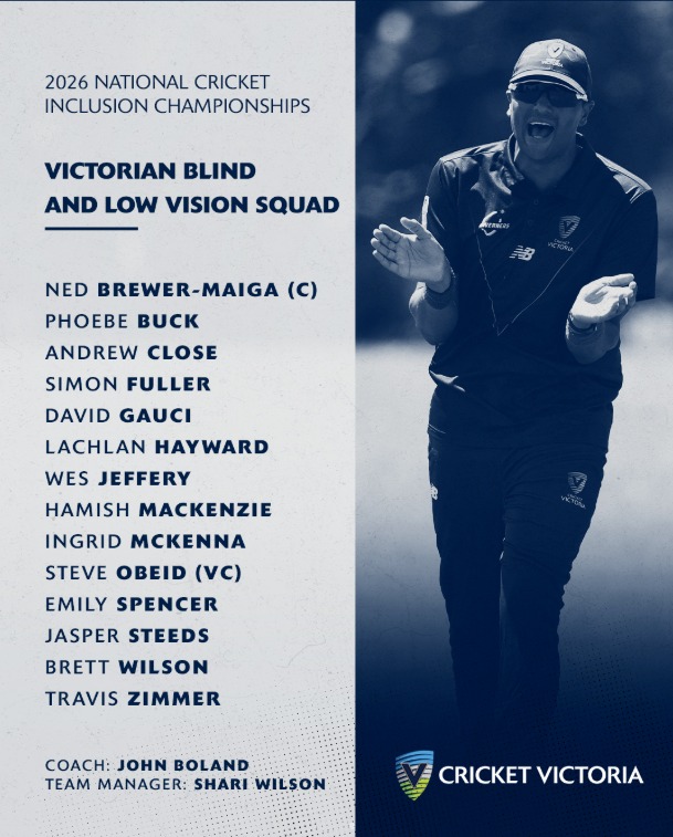 Congratulations to the squad who have been named by @cricketvictoria to contest the National Cricket Inclusion Championships taking place in Perth, Western Australia January 12-16th.
This year marks the inclusion of three female debutants, Phoebe Buck, Ingrid McKenna and Emily Spencer. Ingrid and Emily fresh from competing for Australia in the first ever Women's Blind Cricket T20 world cup in India/Sri Lanka.
We wish all players a successful tournament and we'll be cheering you on from home. #govics🔵⚪️ #NCIC #Blindcricket #inclusivesport
𝗩𝗜𝗖 𝗕𝗟𝗜𝗡𝗗 & 𝗟𝗢𝗪 𝗩𝗜𝗦𝗜𝗢𝗡 𝗦𝗤𝗨𝗔𝗗
Ned Brewer-Maiga (c) B2
Steve Obeid (vc) B3
*Phoebe Buck B2
Andrew Close B1
Simon Fuller B2
David Gauci B3
Lachlan Hayward B1
Wes Jeffery B3
Hamish Mackenzie B1
*Ingrid McKenna B3
*Emily Spencer B1
Jasper Steeds B3
Brett Wilson B2
Travis Zimmer B2
TM: Shari Wilson
Coach: Johnny Boland
Image Description: team list as noted above on the left side of the image, blue writing on grey background. Monotone dark blue photo of Captain Ned Brewer-Maiga with a smile while about to clap hands on the left side.