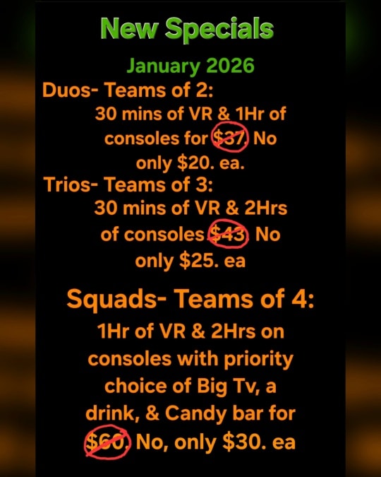 These deals are officially live! Come in tomorrow (Saturday) between noon-11pm & bring some friends & take advantage of the specials this month.
Let us know what other specials you'd like to see, like a certain day a week with big discounts? Thanks for your support. :)