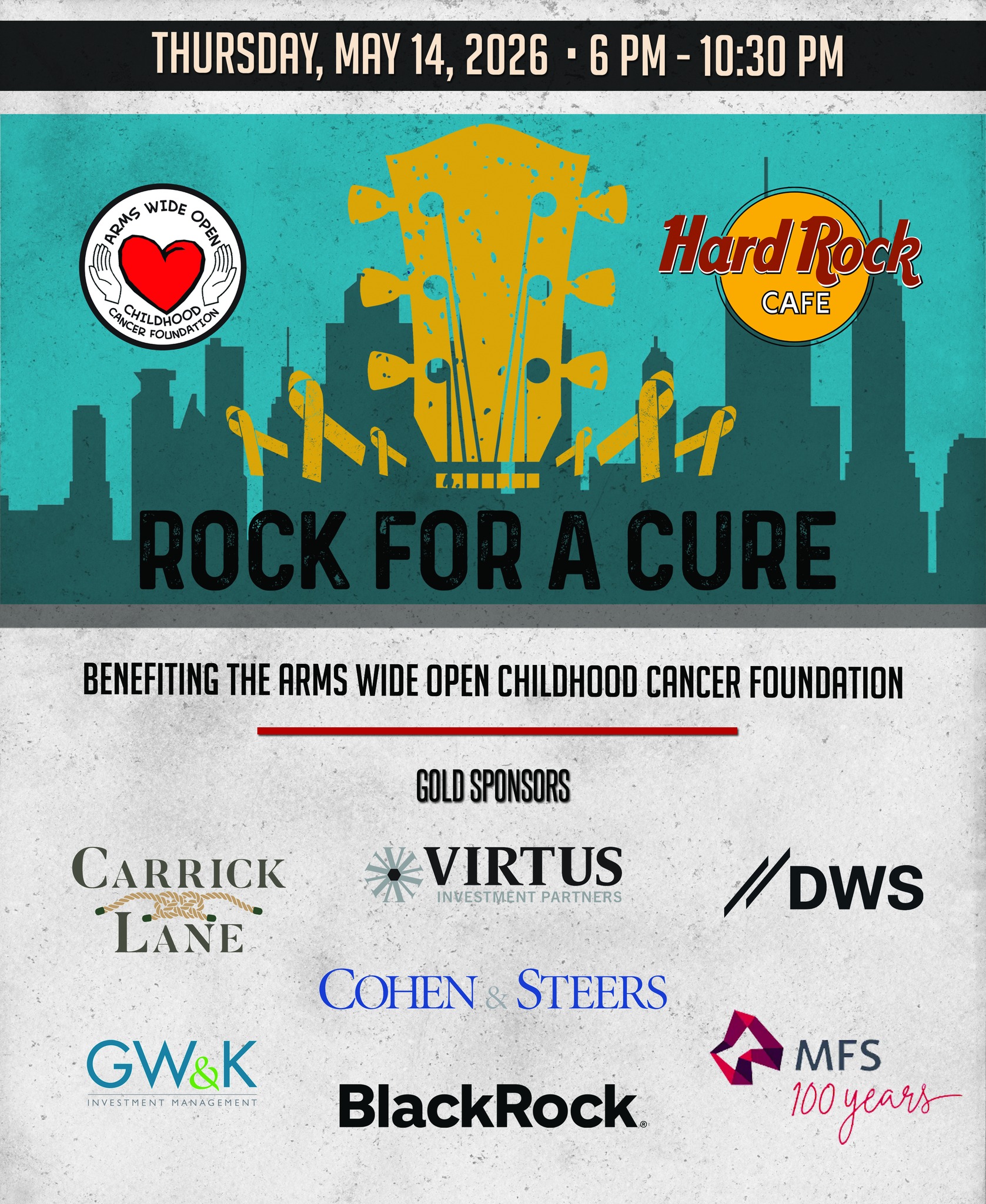 🎗🎸 ROCK FOR A CURE 2026 🎸🎗
Mark your calendars! Our 2026 Rock for a Cure benefit concert will be held on Thursday, May 14th at the Hard Rock Cafe in New York City from 6:00 PM - 10:30 PM.
We are incredibly grateful for our sponsors who make this life-saving work possible!
When you sponsor Rock for a Cure at the Gold Sponsorship Level or above, you automatically receive equal-tier recognition at our 16th Annual Shave for a Cure event on October 5, 2026, at Cipriani Wall Street. Double the impact, double the visibility!
Special thanks to our current Gold Sponsors:
DWS
Virtus
MFS
Carrick Lane
GW&K
BlackRock
Cohen & Steers
Want to join these incredible sponsors in the fight against childhood cancer?
Download our sponsorship packet. Active link in bio. https://tinyurl.com/rockforacure26
Together, we're making a difference in the lives of children battling cancer. 🎗