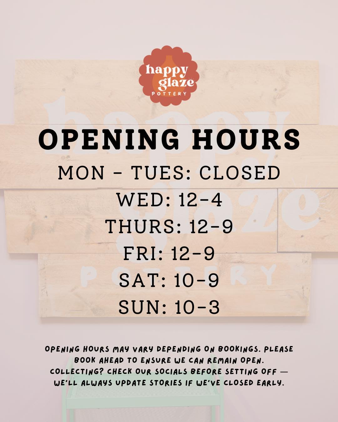 January opening hours ✨
We’re hoping to keep our hours the same through January 🤞
However, if things do get very quiet, we may need to review them and occasionally shorten hours.
January can be a tough month for small businesses, and it does cost a lot to keep the studio open - so booking ahead really does make a huge difference and helps us plan staffing and opening hours 😊
We’re also really looking forward to getting stuck into even more event planning over the coming weeks, including launching our movie nights and clay workshops - we’ve got some lovely things coming 🥹✨
Please book online if you can so we know you’re coming, we’d absolutely love to welcome you through our doors 💛
(Walk-ins are always welcome where we have space, but pre-booking is strongly recommended)
Thank you, as always, for supporting our little business - it truly means everything ✨
Book online here: happyglazepottery.co.uk/book-online
#happyglazepottery #ohhappyglaze #tivertondevon #potterypainting
#supportsmallbusiness #thingstodoinDevon