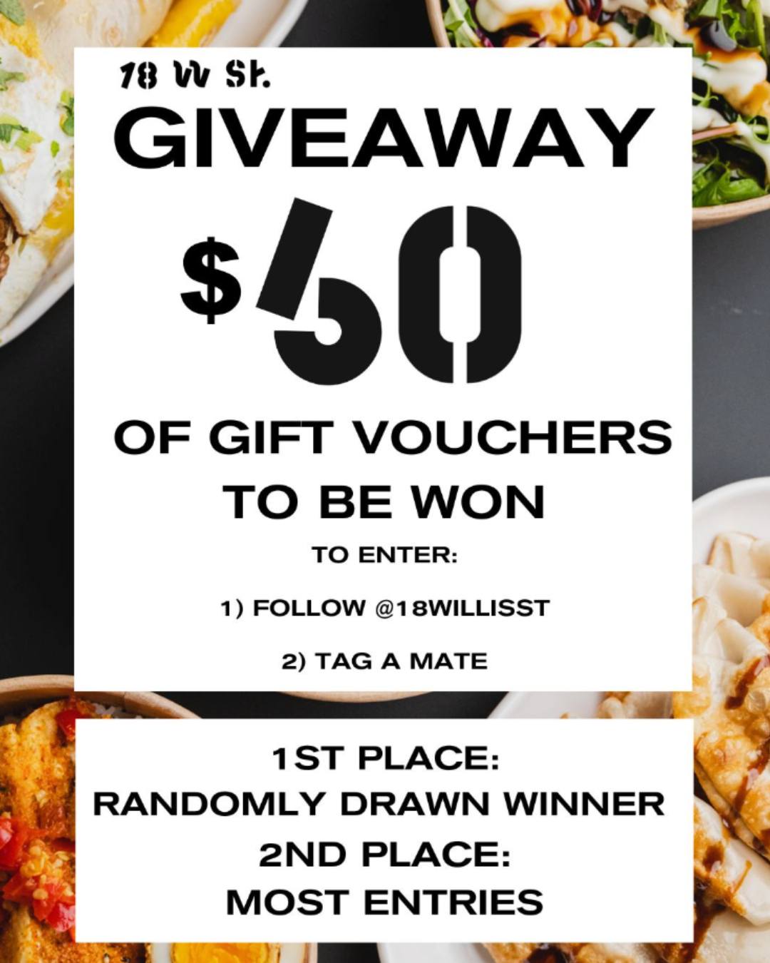 GIVEAWAY TIME 🚨
We’re giving away $60 of 18 Willis St gift vouchers – and you could be one of the lucky winners!
To enter:
1. Like this post
2. Follow @18willisst
3. Tag a mate you’d take out for lunch at 18 Willis St.
1 comment = 1 entry
🥇 1st Place - $40 – Randomly drawn winner
🥈 2nd Place - $10 – Top commenters on IG and FB
Winner drawn on Monday 23rd of February.
Disclaimer: This promotion is no way sponsored, endorsed, administered by or associated with Facebook (or Instagram). All giveaways will be run by the official page @18willisst, please be wary of spam accounts impersonating the page and asking for personal information.
Winner will be messaged from our official account @18willisst, please be wary of spam accounts.
#18WillisSt #WellingtonNZ #Giveaway #WellingtonEats #TagAMate