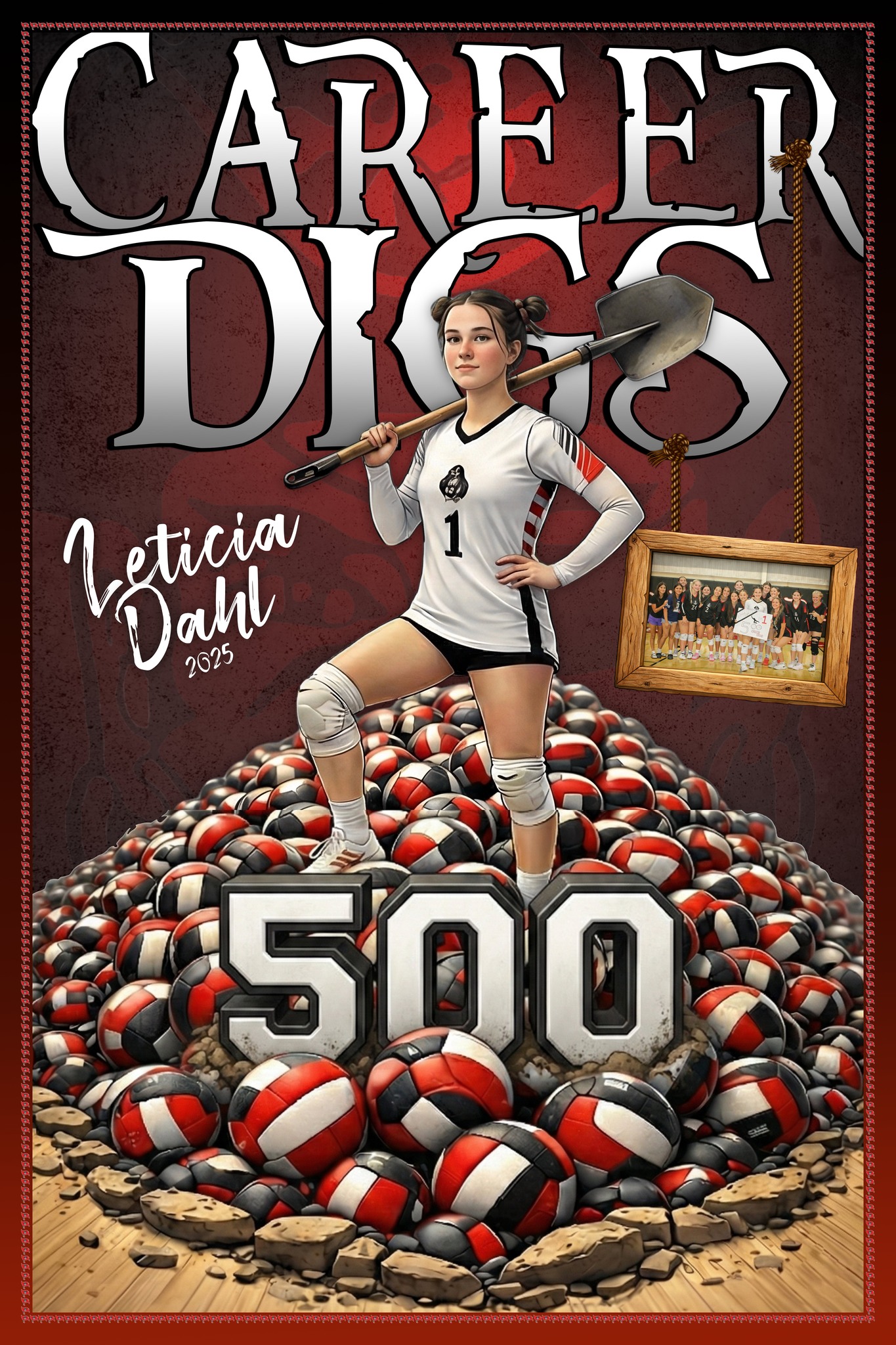 Another milestone banner in the books.
This one celebrates Leticia and her 500 career digs from this past volleyball season — an accomplishment worth recognizing the right way.
I took a slightly different approach with this design. Since I didn’t have high-quality action photos to work from, I used the photos I did have as references, combined with AI to create Leticia in a subtly animated style alongside the volleyballs and the 500. From there, I used my own editing and design process to build the rest of the poster.
Some of the details that went into this one:
• 500 Postville logos around the border to visualize the number and the accomplishment
• The Career Digs font matched to the school’s branding
• The Pirate logo worked into the background
• The team photo taken the night she recorded her 500th dig
Details and customization matter when a milestone is reached — because moments like this deserve more than something generic.
Congratulations, Leticia.