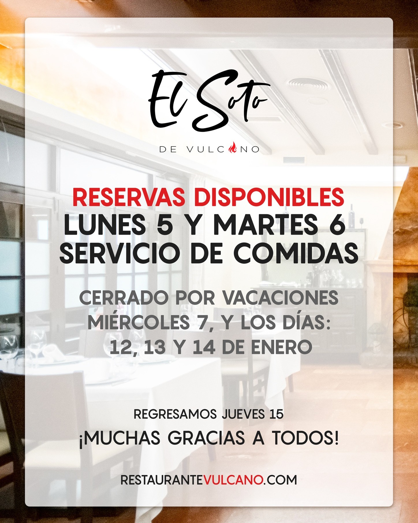 ℹ️ INFORMACIÓN DE HORARIOS
Hoy lunes 5 y martes 6 de enero,
📍 Reservas disponibles para el servicio de Comidas
⚠️ El miércoles 7 permaneceremos cerrados por vacaciones.
Y la próxima semana también cerraremos los días:
📅 12, 13 y 14 de enero.
Gracias por vuestra comprensión y por seguir confiando en nosotros.
✅ Reserva tu mesa y disfruta de la experiencia Vulcano.
El Soto de Vulcano 🔥
📍 Carril del Soto, 14. (Junto al paseo del Malecón)
📞 667 384 568 / 968 953 945
🌐 restaurantevulcano.com
#ElSotoDeVulcano #Murcia #Gastronomía #Horario #RestauranteMurcia #Brasas #ExperienciaVulcano #CenaEspecial #ReservaYa