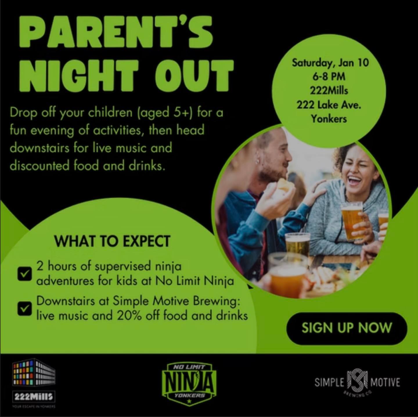 Need a break after the busy holiday season? 🧘♂️ On Saturday, January 10, drop the kids (ages 5+) for two hours of supervised ninja adventures while you enjoy a break downstairs @simplemotivebrewing 🍺🍔
Secure your spot today➡️ yonkersninja.com/parentsnightout
#ParentsNightOut #DateNight #KidsActivities #ParentsGetaway #ParentsDeserveABreak #FridayNightFun #PNO #FunForKids #NoLimitNinja #YonkersNY #WestchesterNY #NinjaWarrior #NinjaTraining #NinjaGym #ObstacleCourse #WestchesterMoms #YonkersMoms