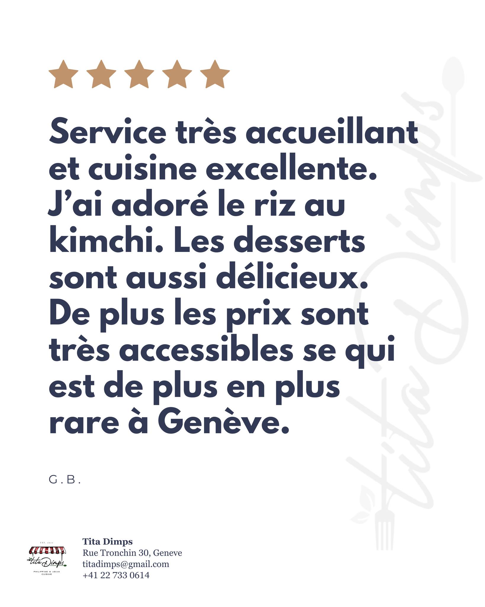 Loved your Tita Dimps experience? 🇵🇭✨ Leave us a review on Facebook or Google — we’d love to hear from you! 💖
#titadimps #titadimpsgeneve #titadimpsgeneva