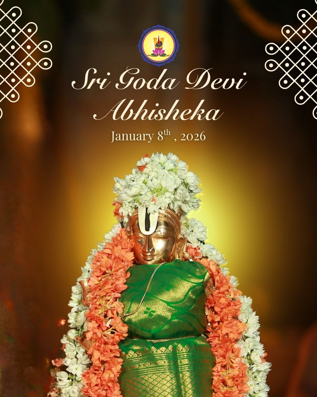 🌺 Sri Goda Devi Abhisheka 🌺
January 8 • Pubba Nakshatra
On the sacred Pubba Nakshatra, we offer Abhisheka to Sri Goda Devi, whose devotion flowed as poetry and surrender.
🪔🌼May her blessings draw our hearts closer to Sri Narayana.🌼🪔
#SriGodaDevi #DivineAbhishekam #GodaDeviAbhisheka #PubbaNakshatra #BangaloreTemples #SriSrinivasaSaligramaDevasthanam