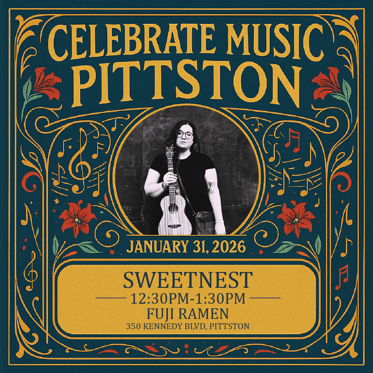 Lunch and live music! Sweetnest brings cozy harmonies to Fuji Ramen from 12:30–1:30 PM on January 31st. Perfect lunch stop downtown!