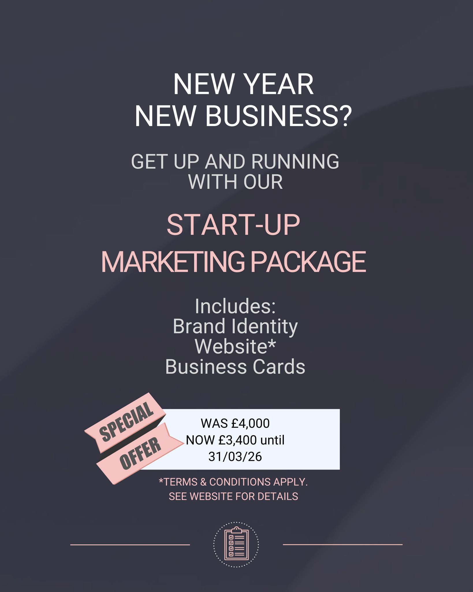 ๐ Considering starting a new business venture, or have a new business you want to kick start in 2026? Then our start-up marketing package could be for you.
Currently on special offer with a whopping ยฃ600 off the normal price!
Includes a brand identity for your new venture, a basic website and some snazzy business cards so you can share all the details of your new business.
To find out more, get in touch with us by email at hello@sisumarketing.co.uk and quote SUM2026, offer ends 31/03/2026.
2026 Let's do this! ๐
#NewBusiness2026 #NewBusinessJourney #newbusinessventure #newbusinessstartup #marketinglaunch #marketinglaunchstrategy #sisumarketing #surreymarketingagency