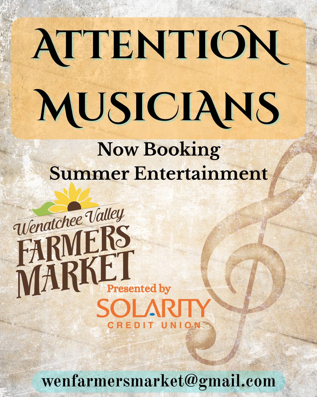 It's that time of year. We are looking to schedule entertainment for the 2026 Season of the Wenatchee Valley Farmers Market. Do you want to play on the wonderful new stage at @pybuspublicmarket . Contact Ted for details. This years music is once again provided to you by our own @applesox . It's looking to be a great year for music at the Market. #FarmOn #LiveMusic #marketlife with @solaritycreditunion