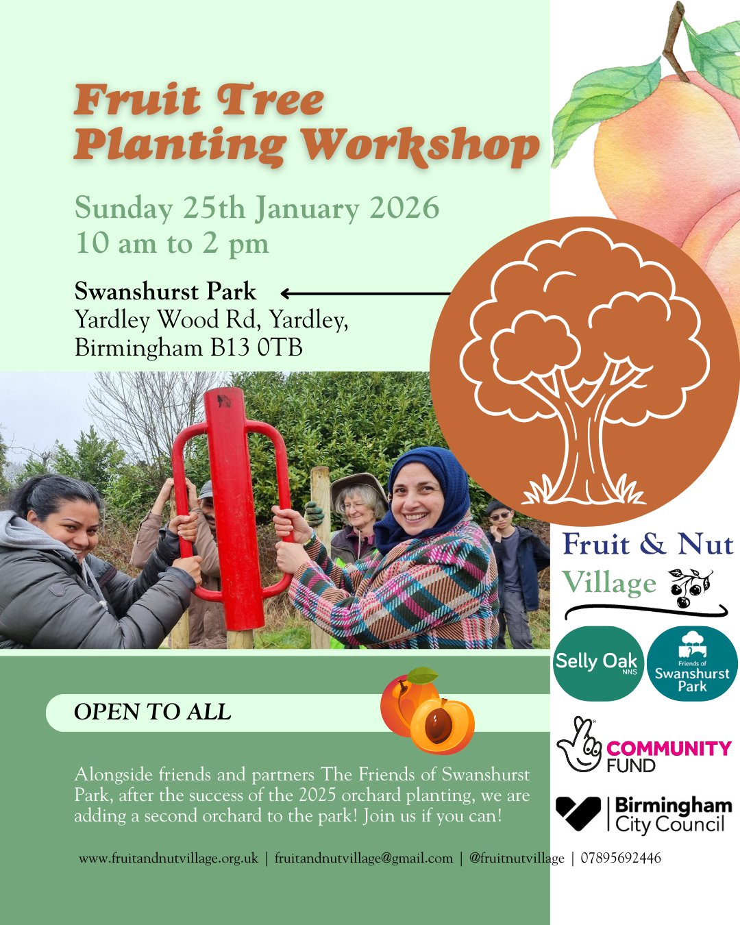 Fruit Tree Planting Workshop
Sunday 25th January 2026 | 10 am to 2 pm
Alongside friends and partners @friends_of_swanshurst_park, after the success of the 2025 #orchard #planting, we are adding a second #orchard to the park! Join us if you can! Open to all.
Swanshurst Park - Yardley Wood Rd, Yardley, Birmingham, B13 0TB