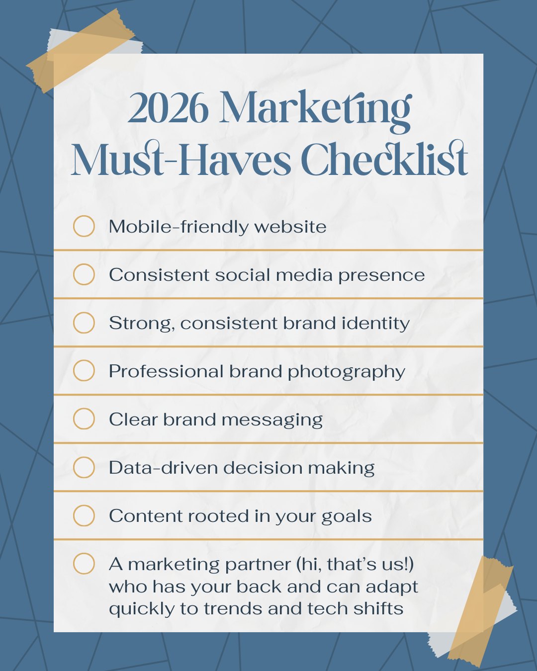 If your business wants to stay competitive this year, these essentials aren’t optional!
At 88 West, we help you check every box with confidence so you can focus on what you do best: growing your business. Plus, your digital presence will not only look cohesive but also build trust. ✨
-
📞 662.205.0088 | 251.202.7180
💻 88westagency.com
-
#88West #88WestAgency #NorthMS #ALGulfCoast #MSGulfCoast #GulfShoresAL #HuntsvilleAL #BrandAgency #DesignAgency #MarketingAgency #BrandStrategy #DigitalMarketing #MarketingChecklist #2026Marketing #MarketingStrategy