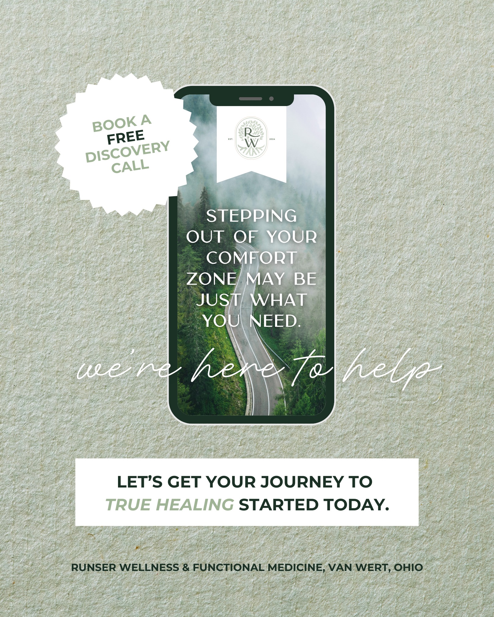 ✨ Let's Get Your Journey to True Healing Started Today! ✨
Book a FREE discovery call with us today, and let’s discuss how we can support your healing journey.
At Runser Wellness & Functional Medicine, we're dedicated to helping you achieve optimal health and well-being.
Whether you're struggling with a specific health issue or simply seeking to enhance your overall wellness, we are here to support you every step of the way.
Together, we can create a personalized path to lasting wellness.
Don’t wait any longer to prioritize your health!