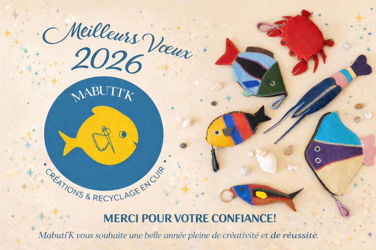 Une nouvelle année commence, et avec elle le plaisir de se lancer de nouveaux défis.
Nous tenions à vous remercier sincèrement pour la confiance que vous nous avez témoignée tout au long de l’année 2025. Cette collaboration a été précieuse et nous motive à innover pour répondre au mieux à vos envies et nouveaux besoins. Nous espérons que cette nouvelle année sera riche en nouveaux projets, en créativité et en réussites partagées.
#chutesdecuir #recyclage #poisson #mabutik #upcycling #upcyclingart
@followers
