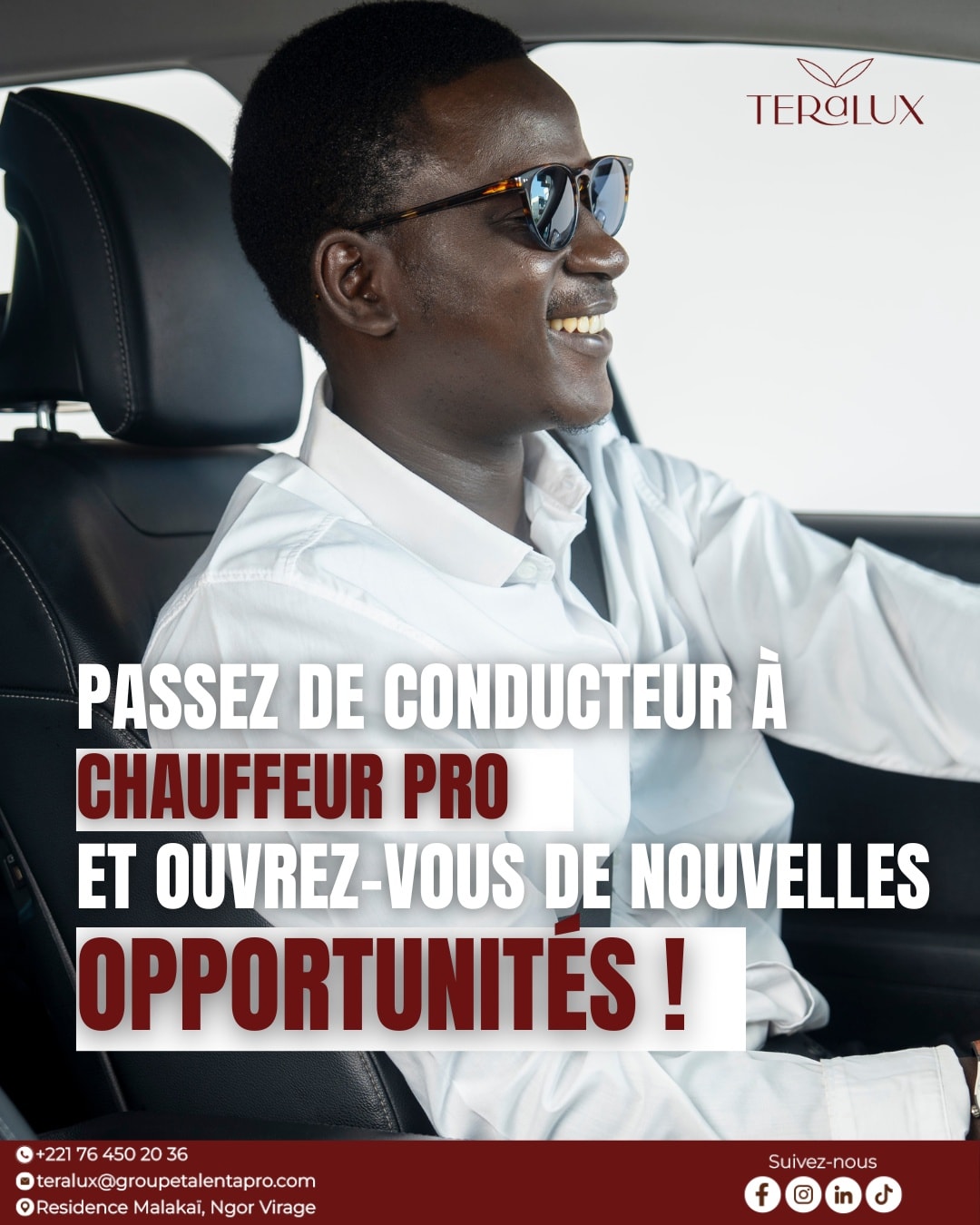 🚗 Passez au niveau supérieur. Devenez Chauffeur Pro!
Aujourd’hui, conduire ne suffit plus.
👉 Faites-en un vrai métier, structuré et rentable.
Avec la formation Chauffeur Professionnel Teralux, vous apprenez à :
✅ Offrir un service haut de gamme
✅ Gagner en crédibilité et en professionnalisme
✅ Accéder à de nouvelles opportunités (VTC, entreprises, particuliers)
✅ Développer vos revenus durablement
📍 Formation accessible
📅 Inscriptions ouvertes
🎓 Certificat à la clé
📲 Intéressé ? Écrivez-nous en message privé pour plus d’informations.
#Teralux #ChauffeurPro #FormationProfessionnelle