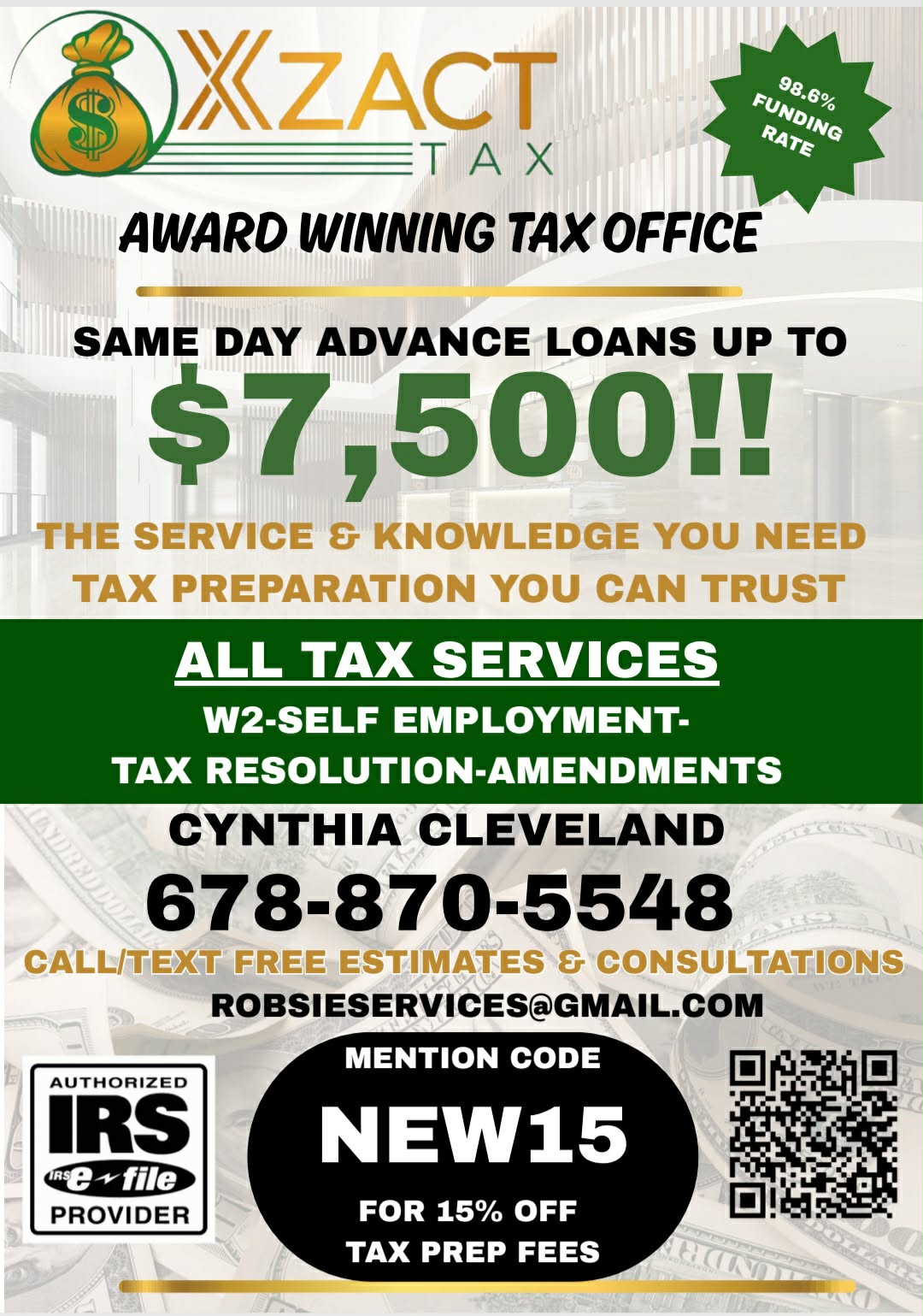 🏆 Award-Winning Tax Office in Tucker, GA 🏆
Looking for trusted tax preparation in Tucker, Georgia?
At Xzact Tax, we offer same-day advance loans up to $7,500 with a 98.6% funding rate when eligible.
✔️ W-2 & Self-Employed Tax Filing
✔️ Tax Resolution & Amendments
✔️ Authorized IRS e-File Provider
✔️ Free estimates & consultations
💸 New clients save 15% — mention code NEW15
📞 Call or text 678-870-5548
📧 robsieservices@gmail.com
Fast. Reliable. Professional.
Tax preparation you can trust in Tucker, GA.
#TuckerGA
#TuckerGATaxes
#DeKalbCountyGA
#MetroAtlantaTax
#AtlantaTaxPreparer
#TuckerSmallBusiness
#GeorgiaTaxServices
#BlackOwnedBusinessGA
#TaxSeason2026
#TuckerEntrepreneur