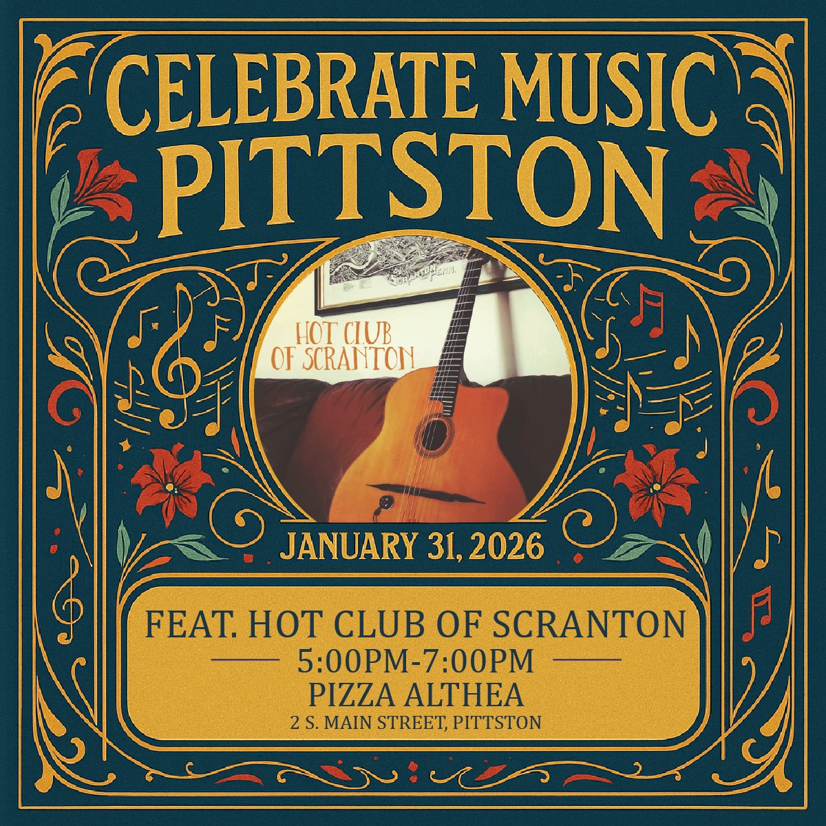 French jazz meets pizza perfection! The Hot Club of Scranton plays 5–7 PM at @pizza_althea during Celebrate Music Pittston happening January 31st!