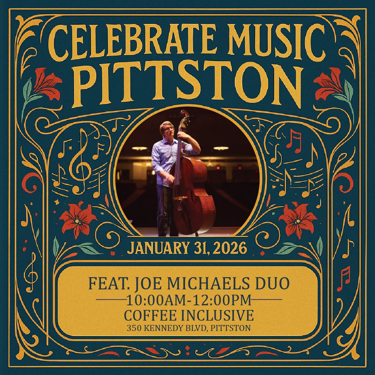 Ease into the day with smooth sounds! The Joe Michaels Duo plays Coffee Inclusive 10AM–12PM during Celebrate Music – Pittston on January 31!