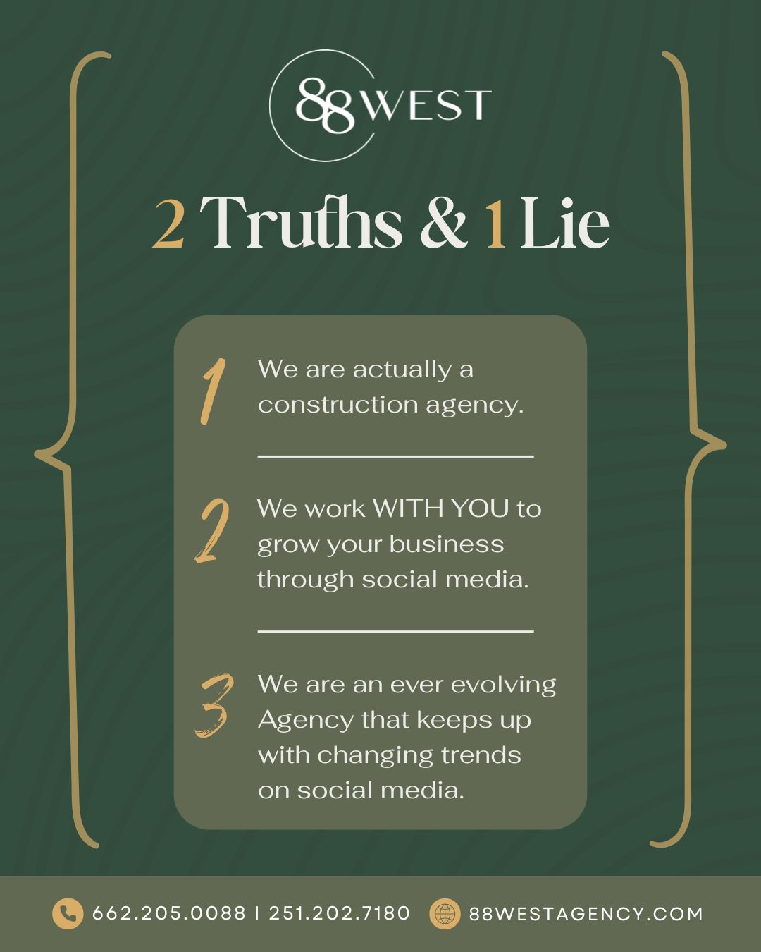 Can you guess which of these is the lie about 88 West Marketing?
For all your marketing needs, make sure to reach out to the most qualified—us! And, there are no lies detected in that sentence! 🚫
-
📞 662.205.0088 | 251.202.7180
💻 88westagency.com
-
#88West #88WestAgency #NorthMS #ALGulfCoast #MSGulfCoast #GulfShoresAL #HuntsvilleAL #BrandAgency #DesignAgency #MarketingAgency #BrandStrategy #DigitalMarketing #2Truths1Lie