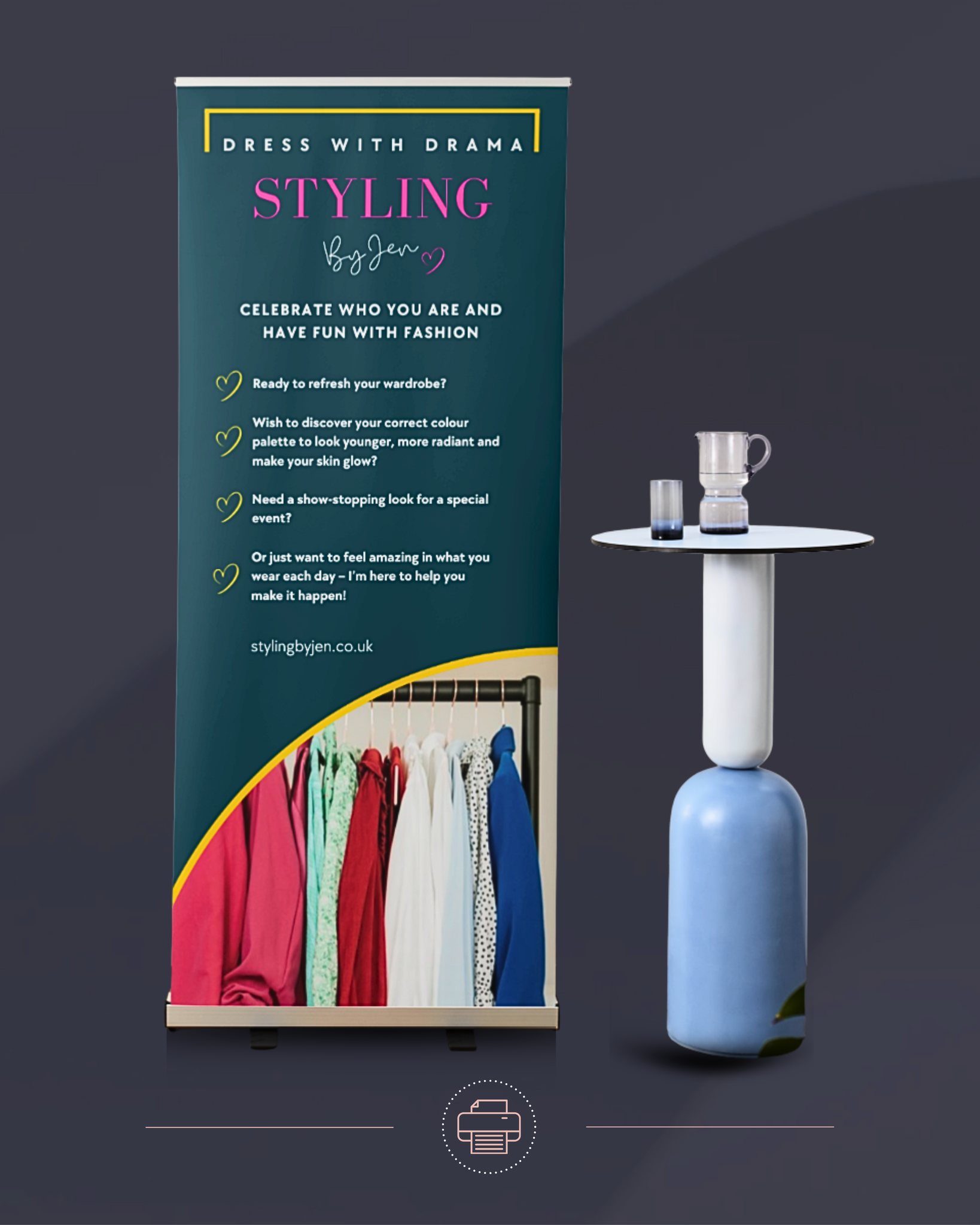 โGet event ready with our retractable pull up bannersโ
Lightweight and complete with a carry bag, our pull up banners are the perfect addition to any event where you want to showcase your brand and deliver your message.
This banner was created for @dresswithdrama for a series of personal styling events she was attending. It was a perfect addition to her stand allowing visitors to see what was on offer at a glance.
#eventmarketing #eventstands #brandpromotion #designandprint #marketingagency #branding