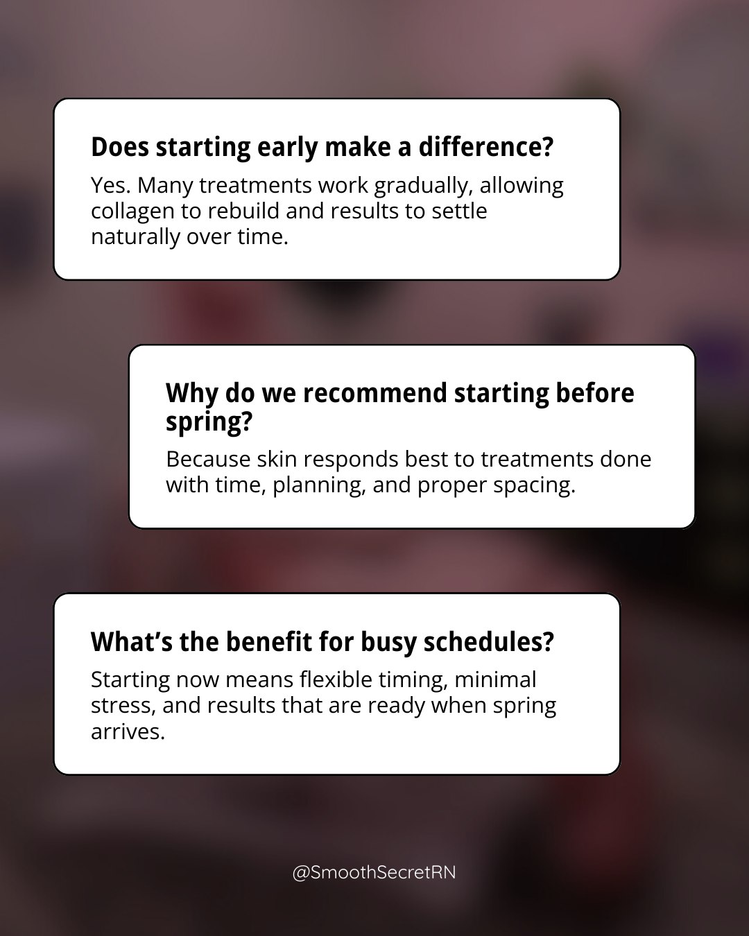 Skin works on its own timeline, not a seasonal one.
Many treatments rely on collagen production and tissue response, which develop gradually over weeks and months. Starting earlier allows those processes to happen naturally, without forcing results closer to spring.
This is why timing and spacing matter just as much as the treatment itself.
If you’re still researching, reach out to our experts today!
————————
Smooth Secret RN 💋 It’s our Secret
Jo-Lynn Gibbs RN, BScN + Pailey Corbett RN, BScN
#SherwoodParkAesthetics #RegisteredNurseInjectorAlberta #MedicalAestheticsSherwoodPark