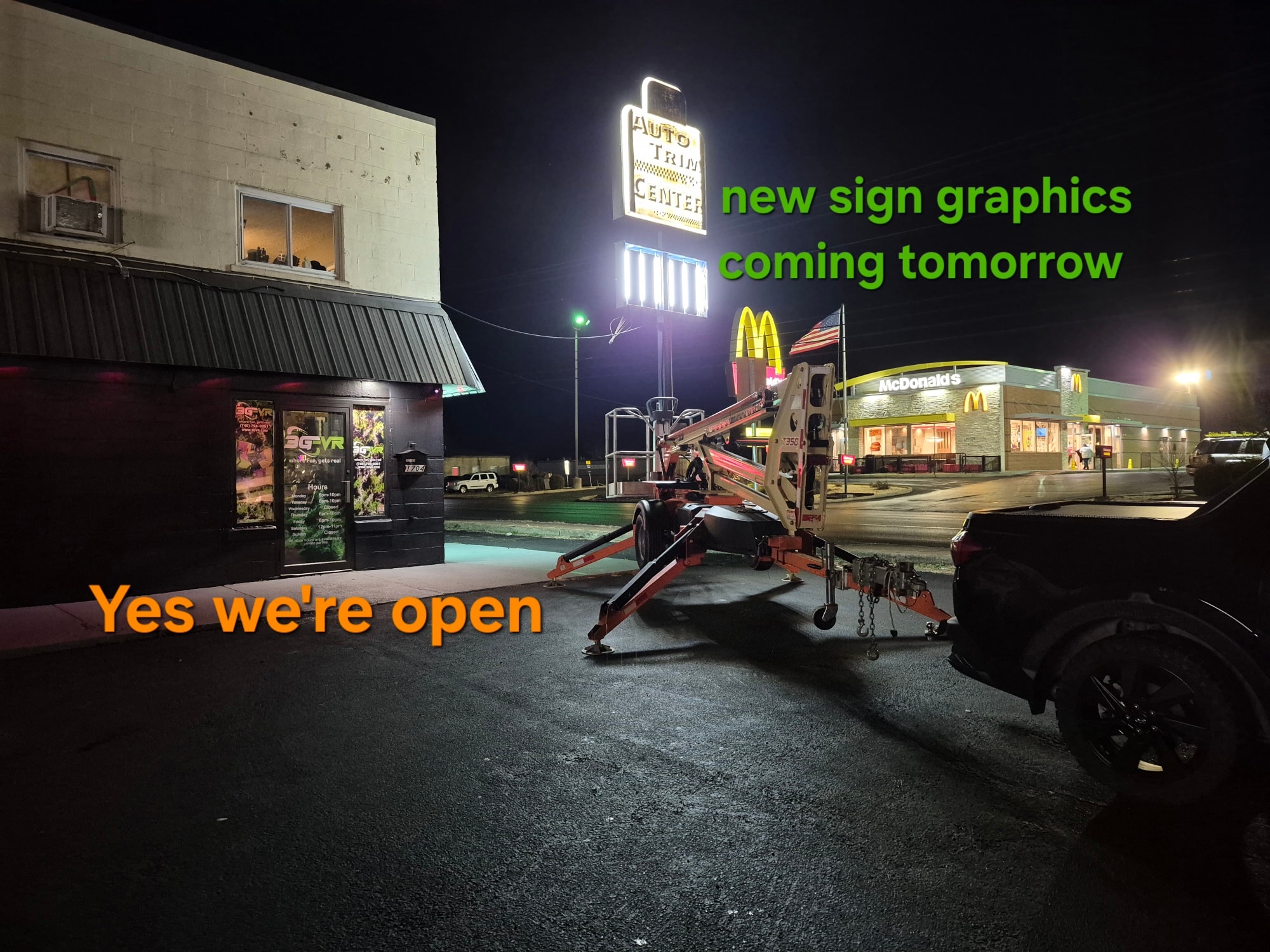 Yes, we know there's a big lift at front of parking lot. & yes we're open. :)
The sign post & frame got painted today, & the new graphics should be on tomorrow! Woohoo
Can't wait for you all to come visit us :)