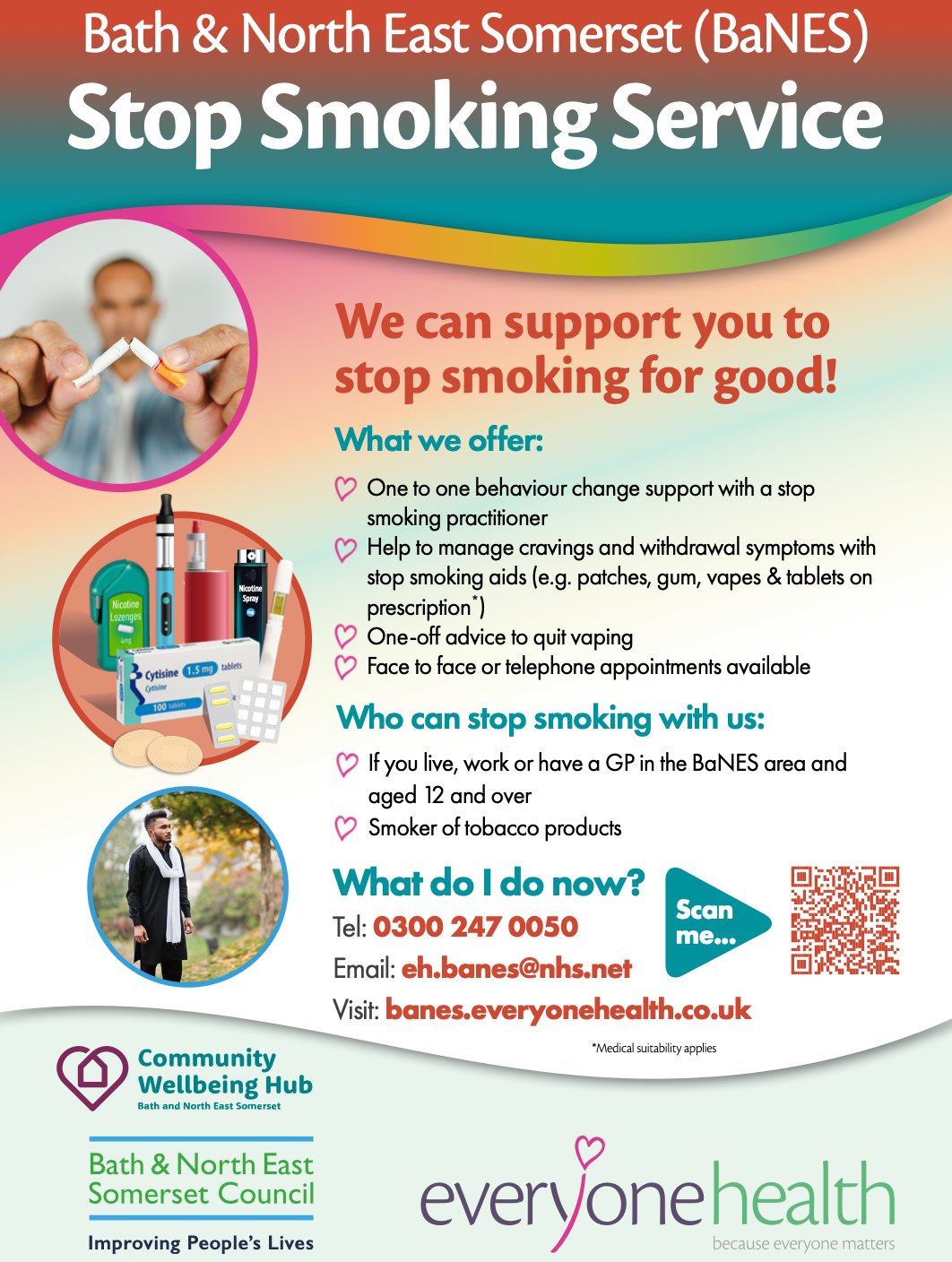 A new year can be a good time for a fresh start.
If you’re thinking about stopping smoking and need support, help is available.
Contact EveryoneHealth if you live in BaNES, or Wiltshire Council if you’re in Wiltshire.
@everyonehealthbanes
#StopSmoking #NewYearNewStart #Wellbeing #MentalHealth #BaNES #Wiltshire #Support