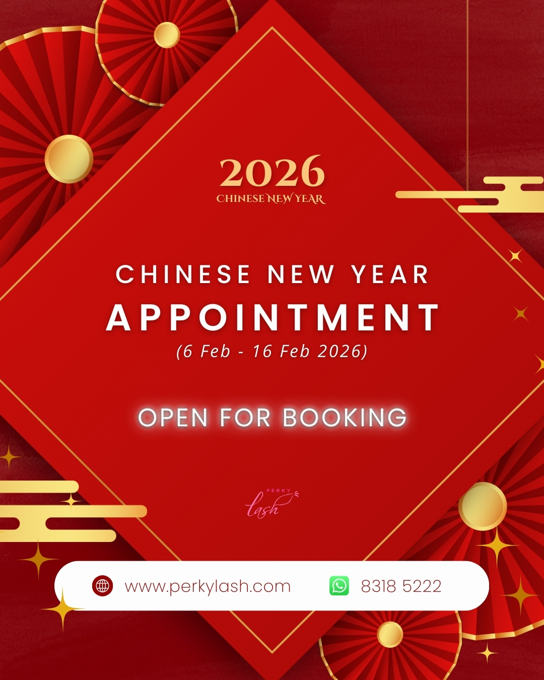 2026 CNY bookings are now open 🧧✨
Appointments from 6 Feb to 16 February 2026 must be booked under CNY Services only 🤍
Limited slots available, secure yours early!
To make an appointment, click our link in bio 🔗
🌐 Book online at www.perkylash.com
💬 WhatsApp us at 8318 5222
#perkylash #sglashes #sglashextension