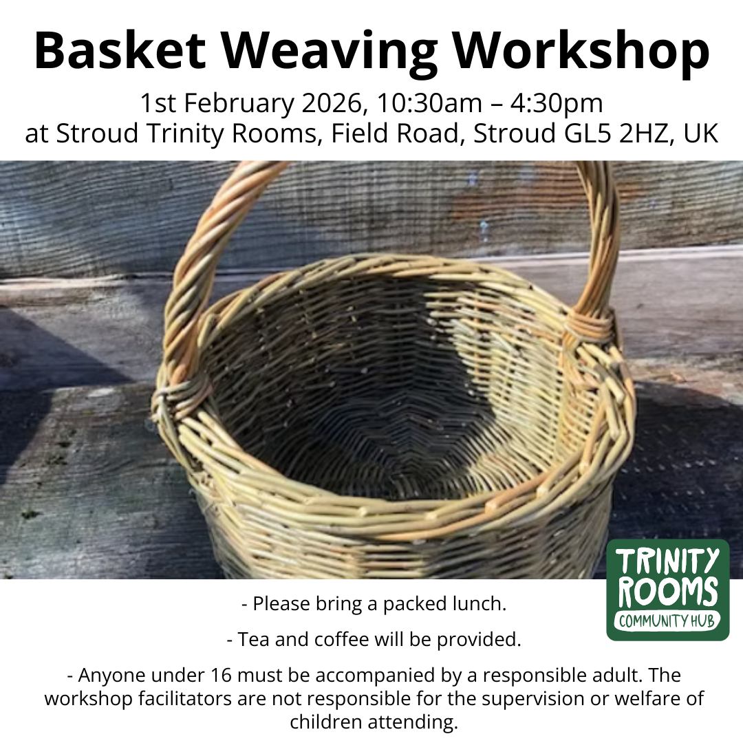 Join us on Sunday 1st of February at our Stroud Trinity Rooms Community Hub to weave a beautiful round willow basket.
Ideal for both beginners and experienced weavers alike. You’ll be guided by the lovely Norah Kennedy, to create your own round basket using traditional willow weaving techniques.
All materials included.
Tickets available to book on our website today!
www.stroudtrinityrooms.org/event-details-registration/basket-weaving-workshop
#Stroud #WillowBasket #Art #Chalford #Nailsworth #GiftIdea #Weave #Create #Painswick #Events #Craft #Workshop #Gloucestershire