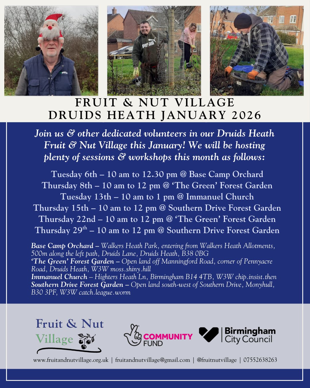 Join us and other dedicated #volunteers in our Druids Heath Fruit & Nut Village this #January 2026!
Please check individual locations and workshop titles through our website events, where you can also RSVP, or check our mailing list and social media bulletins.
There's plenty for our volunteers to do at these stunning sites. Make sure you get the dates in your diaries; see you there folks to #GrowTheVillage!
