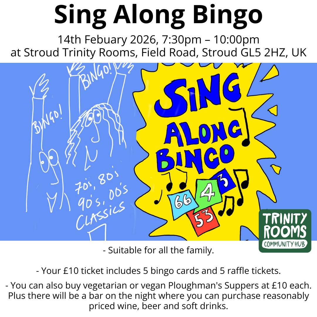 Don't fancy a pink heart-themed couples-focused event on Valentines February 14th this year? Come along instead to Sing Along Bingo at our Stroud Trinity Rooms Community Hub in aid of Oranges for Justice.
RSVP on our website whats on event page/via link below!
www.stroudtrinityrooms.org/event-details-registration/sing-along-bingo
#Stroud #Bingo #Fundraising #Nailsworth #valentinesday #Local #Ethical #Music #Gloucester #Events #Support #Chalford #Painswick #WhatsOn #Gloucestershire