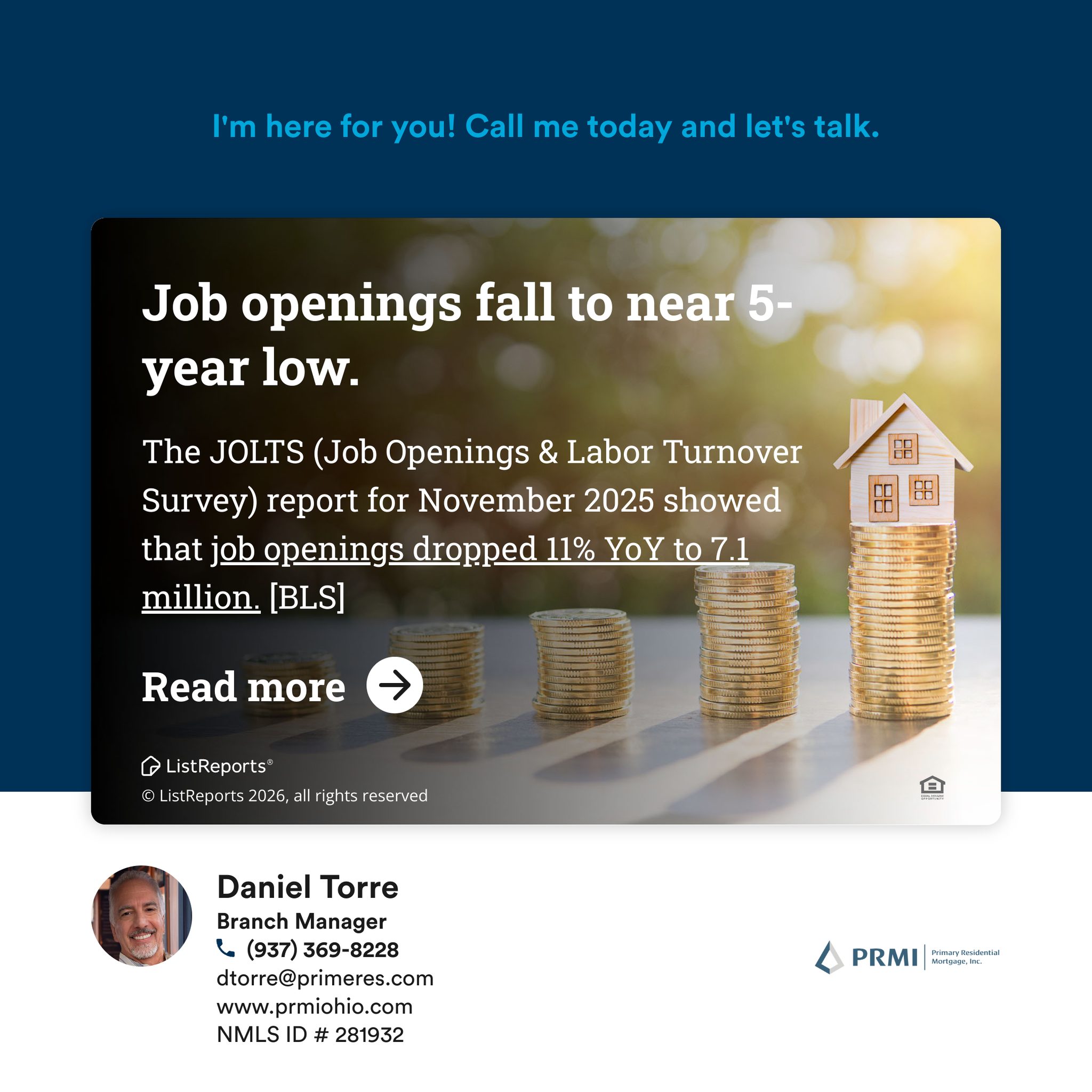 Job openings in the U.S. have fallen to a near 5-year low, according to new labor market data. When employment trends shift, it often changes how people approach big financial decisions like buying or selling a home.
If you’re trying to figure out what today’s economy means for your next move, I’m here to help.
Read the full article here:
https://www.reuters.com/business/us-job-openings-decline-more-than-expected-november-2026-01-07/
937-369-8228
#EconomicUpdate #HomeBuying #MortgagePlanning #PrimaryResidentialMortgage