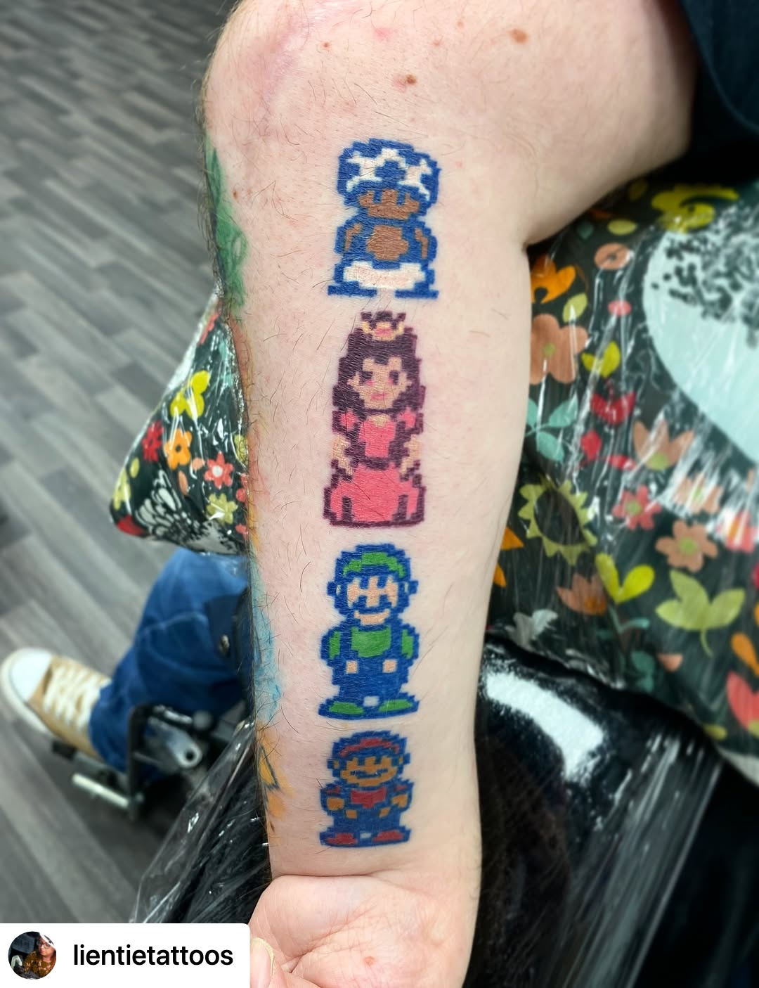 @lientietattoos Healed mario sprites! We added watercolour to them in this session but wanted to share the version without first. I’ve done a few sprite tattoos for him now, so this was the third set going round the arm.
It can definitely be challenging when someone isn’t able to get in the usual positions but we made it work!
So if anyone’s worried you can’t get tattooed because of how you’ll need to sit, always happy to have a chat or consultation first so we can work out the best options for you. For example splitting it in to shorter sittings.