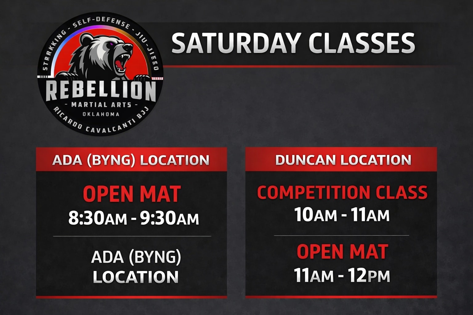 Join the Rebellion for our Saturday classes at our Ada (Byng) and Duncan locations!
See you on the mats!
#JoinTheRebellion #RebellionMAOK #CavalcantiBJJ #RCABJJ #SOC #ada #duncan #oklahoma #jiujitsu #grappling #groundfighter #jiujitsufamily #keeplearning #levelup #keepgrowingkeepgoing #jiujitsulifestyle #SonsOfCavalcanti #bjj #brazilianjiujitsu #martialarts #training #selfdefense #striking #blackbeltisjustthebeginning #NOTHINGMOREIMPORTANTTHANJIUJITSU
@ricardocavalcantibjj @ricardocavalcantiacademy Cavalcanti Jiu Jitsu International Association Ricardo Cavalcanti Academy - Brazilian Jiu Jitsu Ricardo Cavalcanti