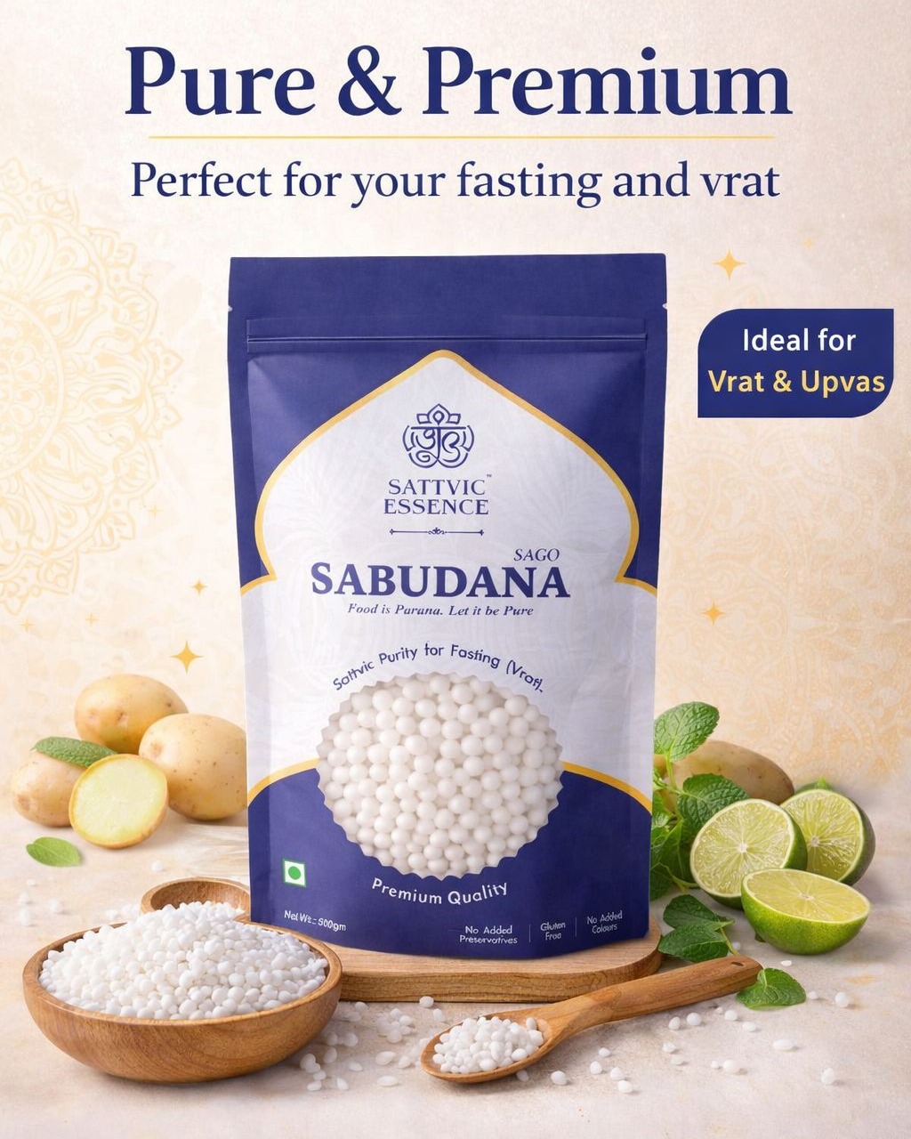 ✨ Sattvic Sabudana - Pure. Premium. Perfect for Vrat & Upvas. ✨
Introducing Sattvic Essence Sabudana — made for those who choose purity over compromise.
Carefully selected, hygienically packed, and crafted to meet traditional fasting standards, our sabudana delivers perfect texture, clean taste, and consistent quality in every grain.
🌿 100% Sattvic Purity
🌿 Ideal for Vrat, Upvas & Fasting Recipes
🌿 No Added Colour | No Preservatives
🌿 Premium Quality, Even-Sized Pearls
From khichdi and vada to kheer, experience sabudana that cooks evenly and tastes truly sattvic.
Because when you fast, only purity should enter your plate.
🛒 Now Available on Amazon & Flipkart | Buy Now
#SattvicSabudana #SattvicEssence #VratSpecial #UpvasFood #FastingFood #PureFood #PremiumSabudana #NavratriSpecial #EkadashiVrat #SattvicLifestyle #CleanEatingIndia #IndianFasting #VratKhichdi #VratFood #HealthyIndianFood