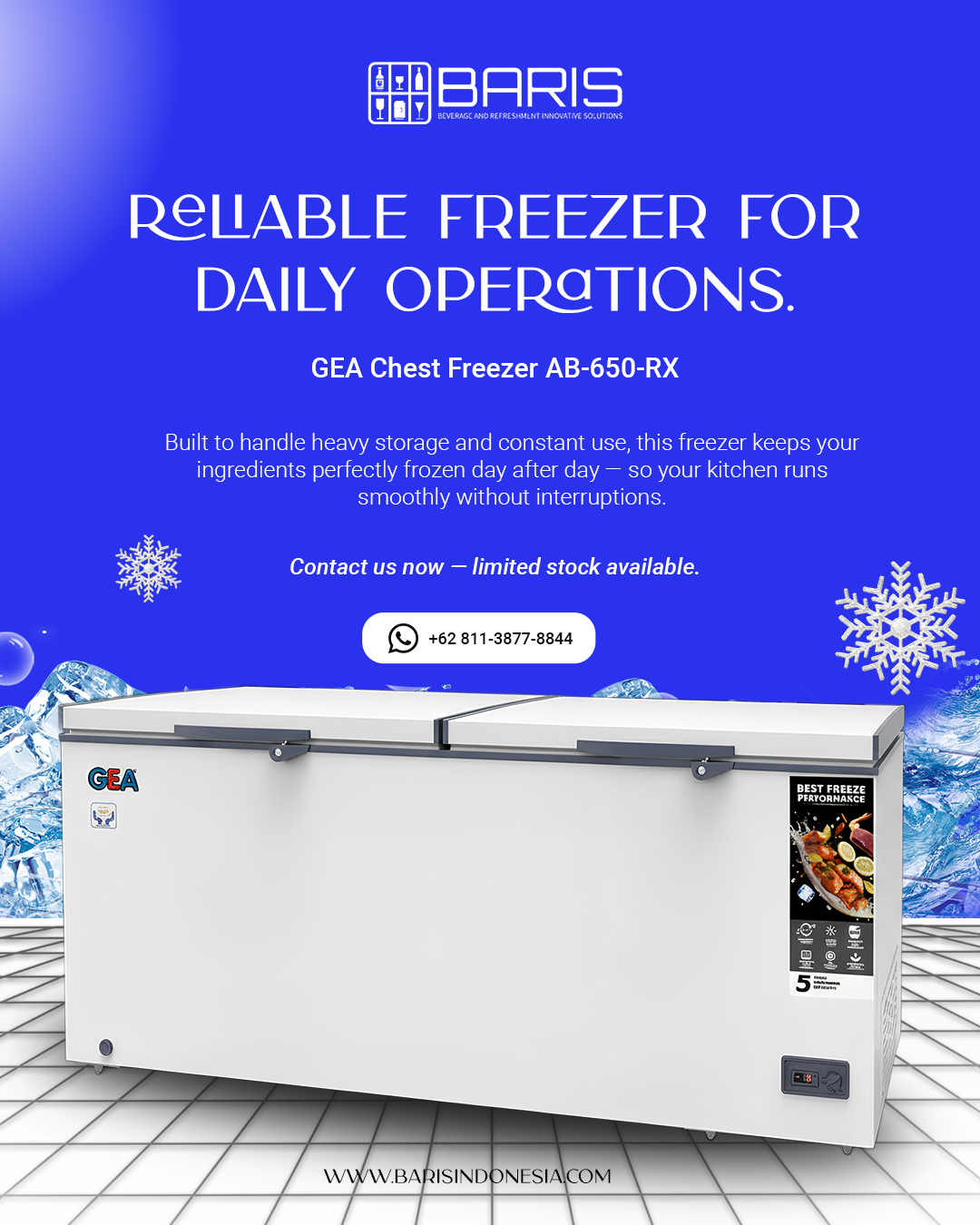 Reliable Freezer for Daily Operations.
Built to handle heavy storage and constant use, the GEA Chest Freezer AB-650-RX is designed to keep your ingredients perfectly frozen, day after day.
From busy kitchens to growing food businesses, this freezer delivers consistent performance you can rely on.
✔️ Large storage capacity
✔️ Stable freezing temperature
✔️ Built for daily commercial use
Upgrade your cold storage today and keep your operations running smoothly.
📲 Contact us now — limited stock available.
Whatsapp : +62 811-3877-8844
Email : barisindonesia40@gmail.com
Website : www.barisindonesia.com
Find Us
Jl. Diponegoro No.717, Pedungan, Denpasar Selatan, Kota Denpasar, Bali
#BarisIndonesia
#GEAFreezer
#ChestFreezer
#CommercialFreezer
#KitchenEquipment
#FNBEquipment
#RestaurantEquipment
#FoodBusiness
#CommercialKitchen
#FrozenStorage
#ColdStorageSolution
#HospitalityEquipment