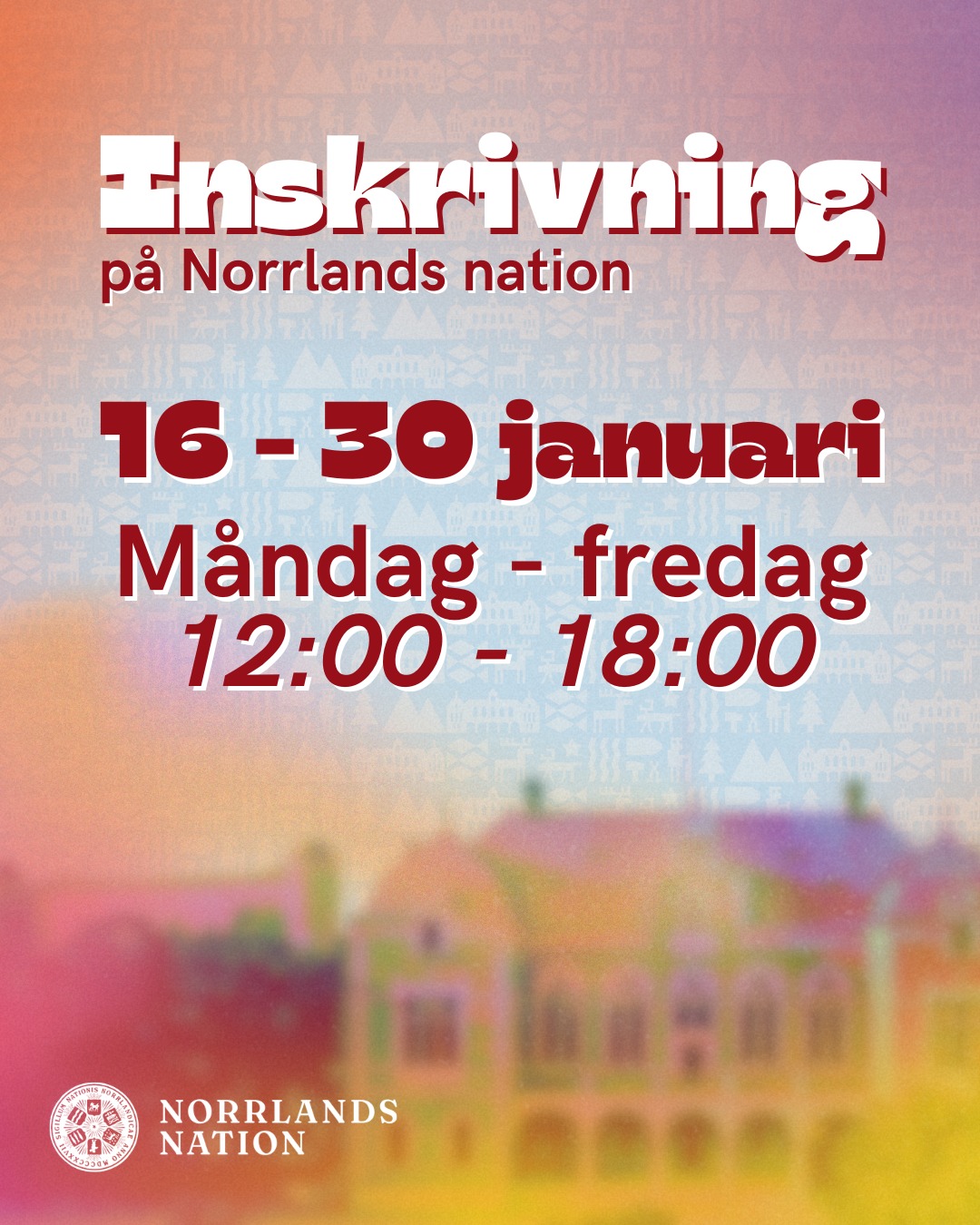 Kära recentiorer, varmt välkomna till inskrivningen på Norrlands nation!
Som ny student kan du redan idag (8/1) skriva in dig hos oss på Norrlands nation i vårt kansli.
Under 16-30 januari kommer våra recceansvariga, Kontaktutskottet, finnas tillgängliga i Majs café från måndag till fredag mellan klockan 12:00 och 18:00. Under inskrivningsperioden kan du köpa våra reccepaket, få svar på frågor om medlemskap och få reda på hur du kan engagera dig på nationen.
Om du vill skriva in dig tidigare eller på lördagar under inskrivningsperioden, kan du göra det i vårt kansli.
Glöm inte att ta med legitimation.
Öppettider för inskrivningen (16-30 januari):
Mån - fre: 12:00 - 18:00
För frågor eller funderingar, hör av dig till kansli@nn.se.
Välkomna till Norrlands nation!
___
Dear new students, welcome to Norrlands Nation’s registration period!
If you are a new student in Uppsala, you are welcome to register as a member of Norrlands Nation as early as today (8/1), at our reception (kansli).
During January 16th-30th, the Contact Committee (Kontaktutskottet), who takes care of our new members, will be welcoming you at Majs café Monday to Friday between 12:00-18:00 to answer questions about recce activities, the membership and how you can become involved at the nation.
If you want to register beforehand or on a Saturday, you can register your membership in the reception (kansli).
Don’t forget to bring your registration certificate and ID.
Opening hours during the registration period (16-30/1):
Mon - Fri: 12:00 - 18:00
If you have any thought or questions, feel free to reach out to kansli@nn.se.
Welcome to Norrlands Nation!